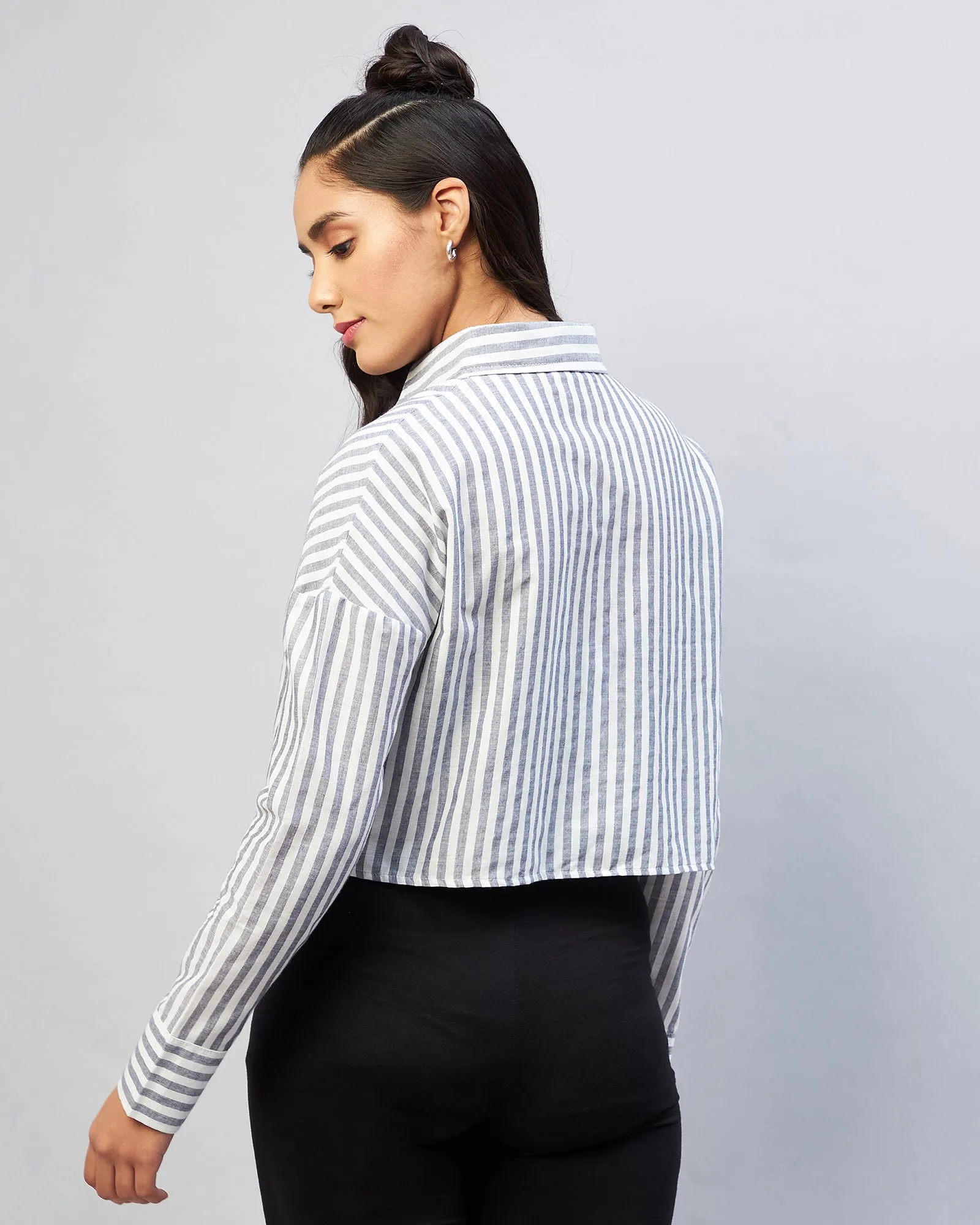 Chimpaaanzee Women Viscose Black & White Striped Full Sleeve Drop Shoulder Crop Shirt