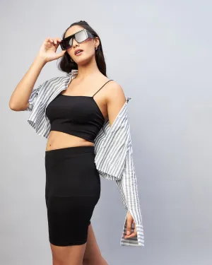 Chimpaaanzee Women Viscose Black & White Striped Full Sleeve Drop Shoulder Crop Shirt