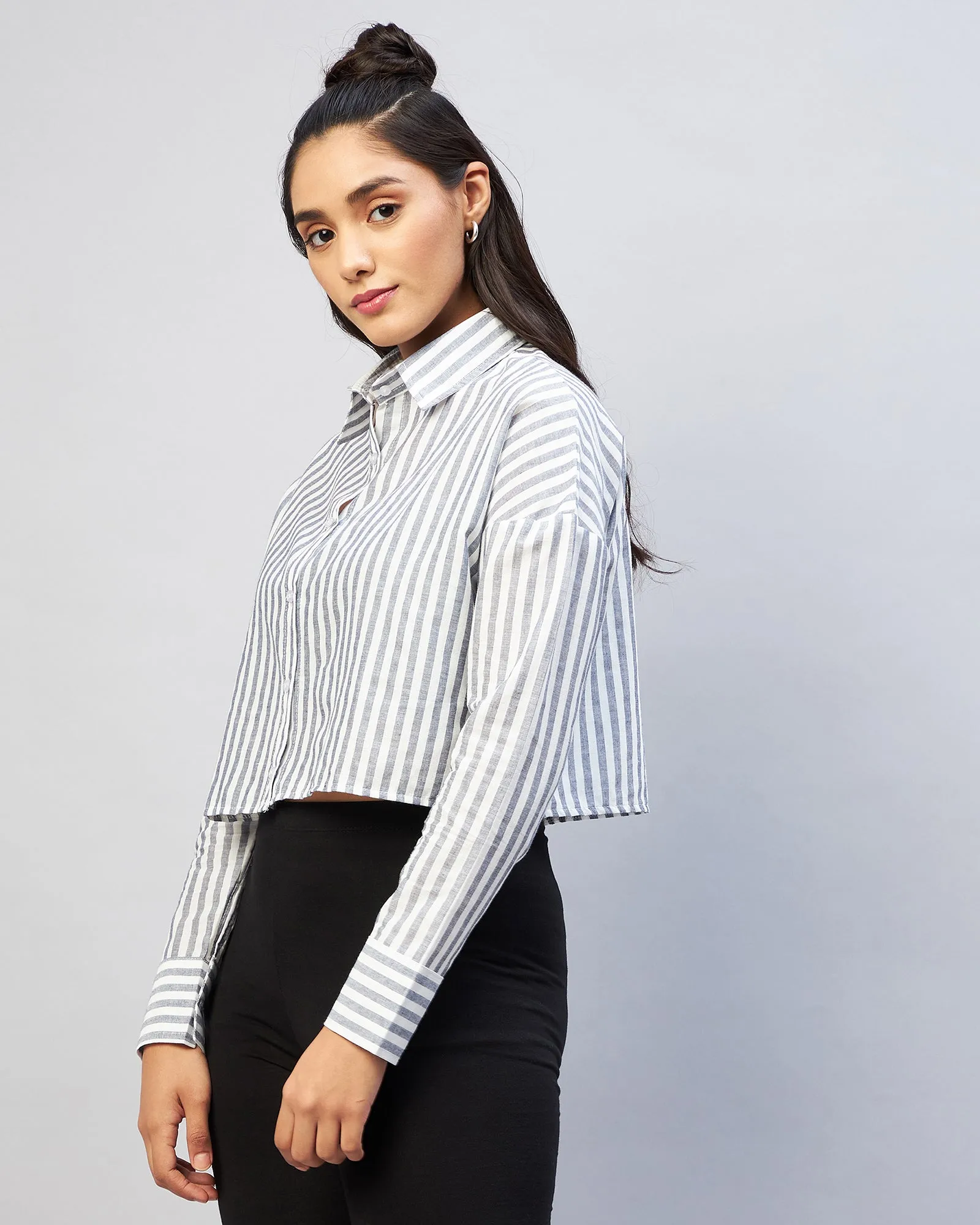 Chimpaaanzee Women Viscose Black & White Striped Full Sleeve Drop Shoulder Crop Shirt