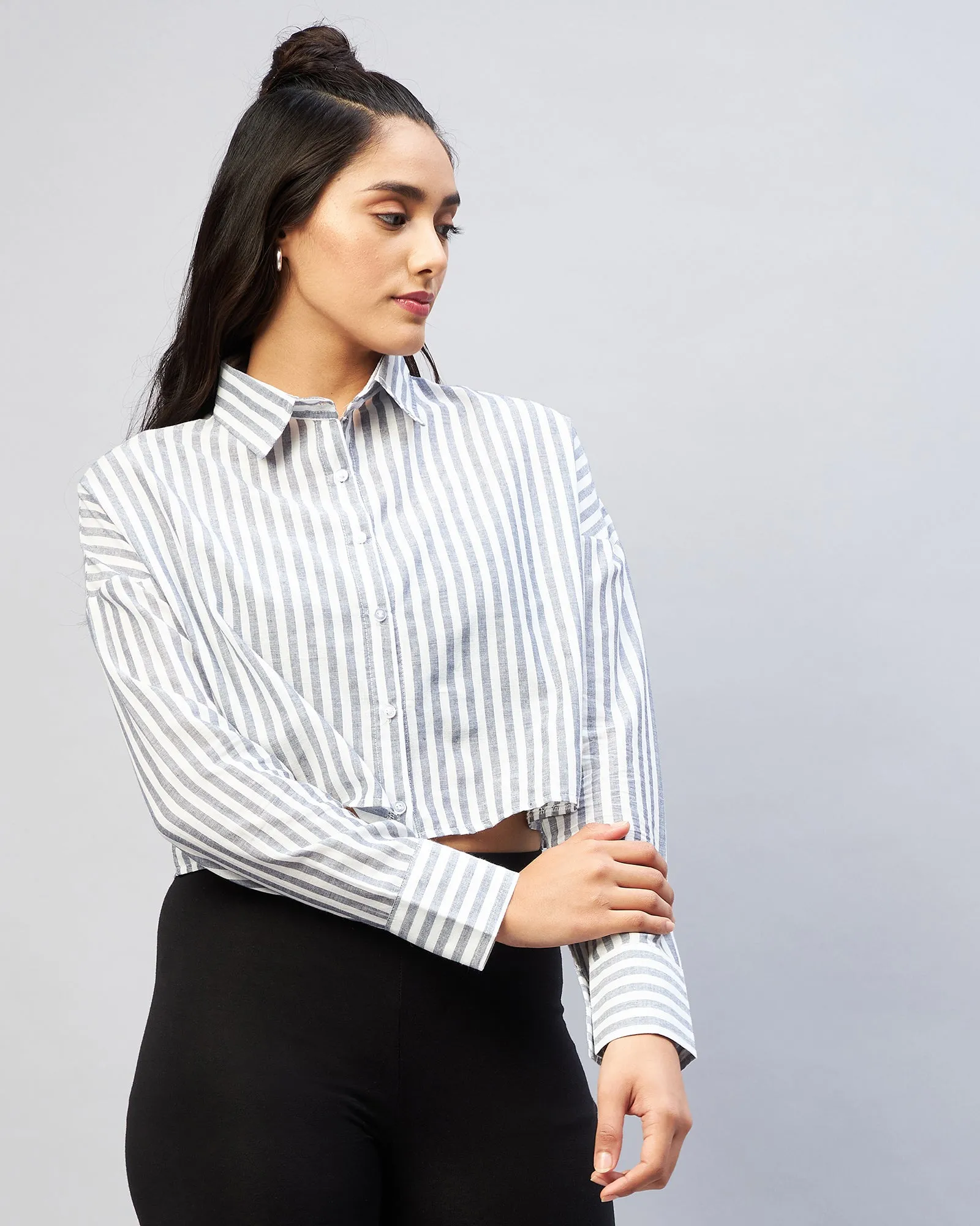 Chimpaaanzee Women Viscose Black & White Striped Full Sleeve Drop Shoulder Crop Shirt