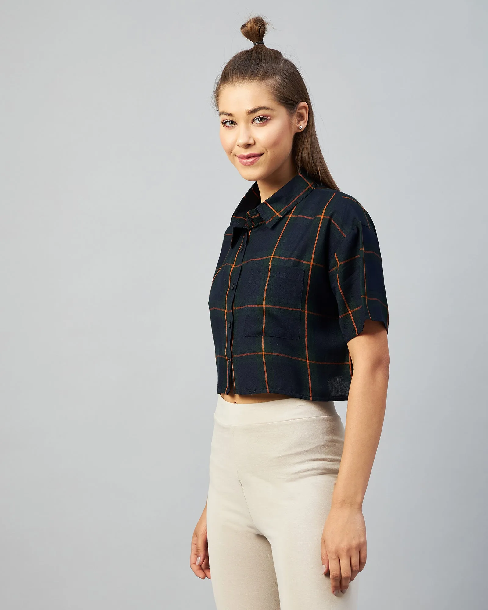 Chimpaaanzee Women Viscose Navy & Orange Checkered Half Sleeve Crop Shirt