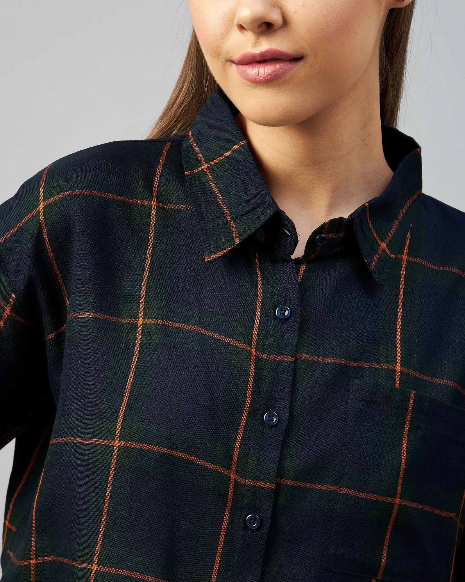 Chimpaaanzee Women Viscose Navy & Orange Checkered Half Sleeve Crop Shirt