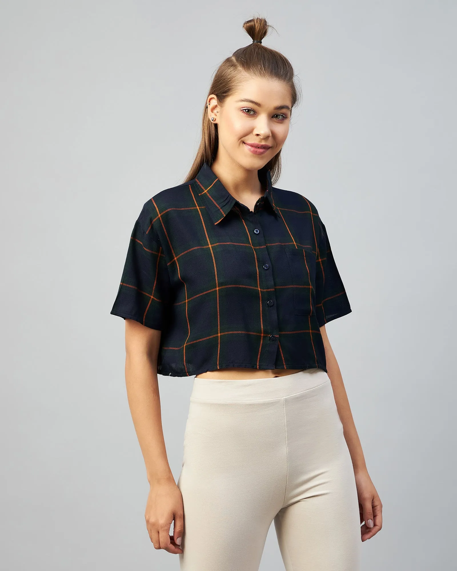 Chimpaaanzee Women Viscose Navy & Orange Checkered Half Sleeve Crop Shirt