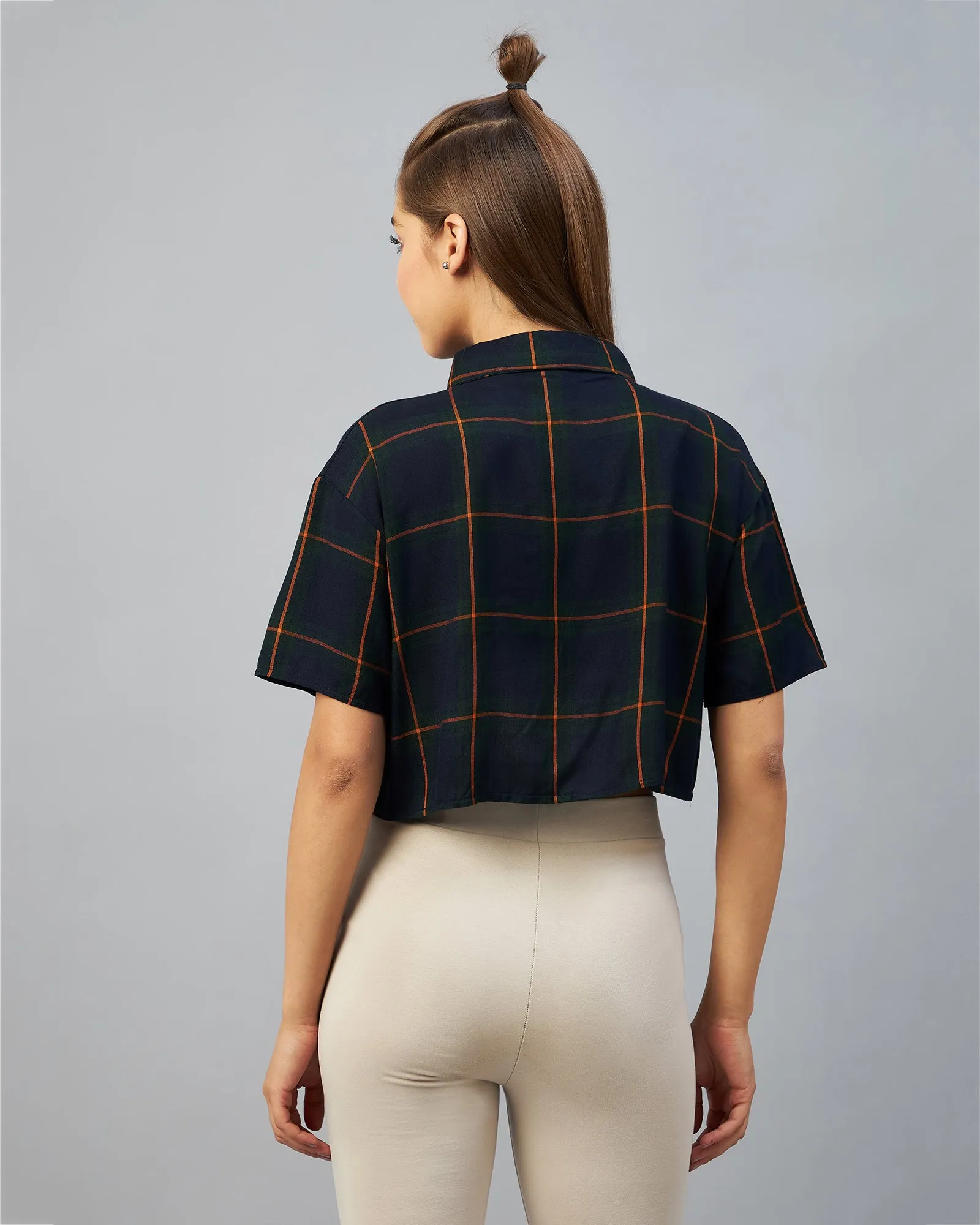 Chimpaaanzee Women Viscose Navy & Orange Checkered Half Sleeve Crop Shirt