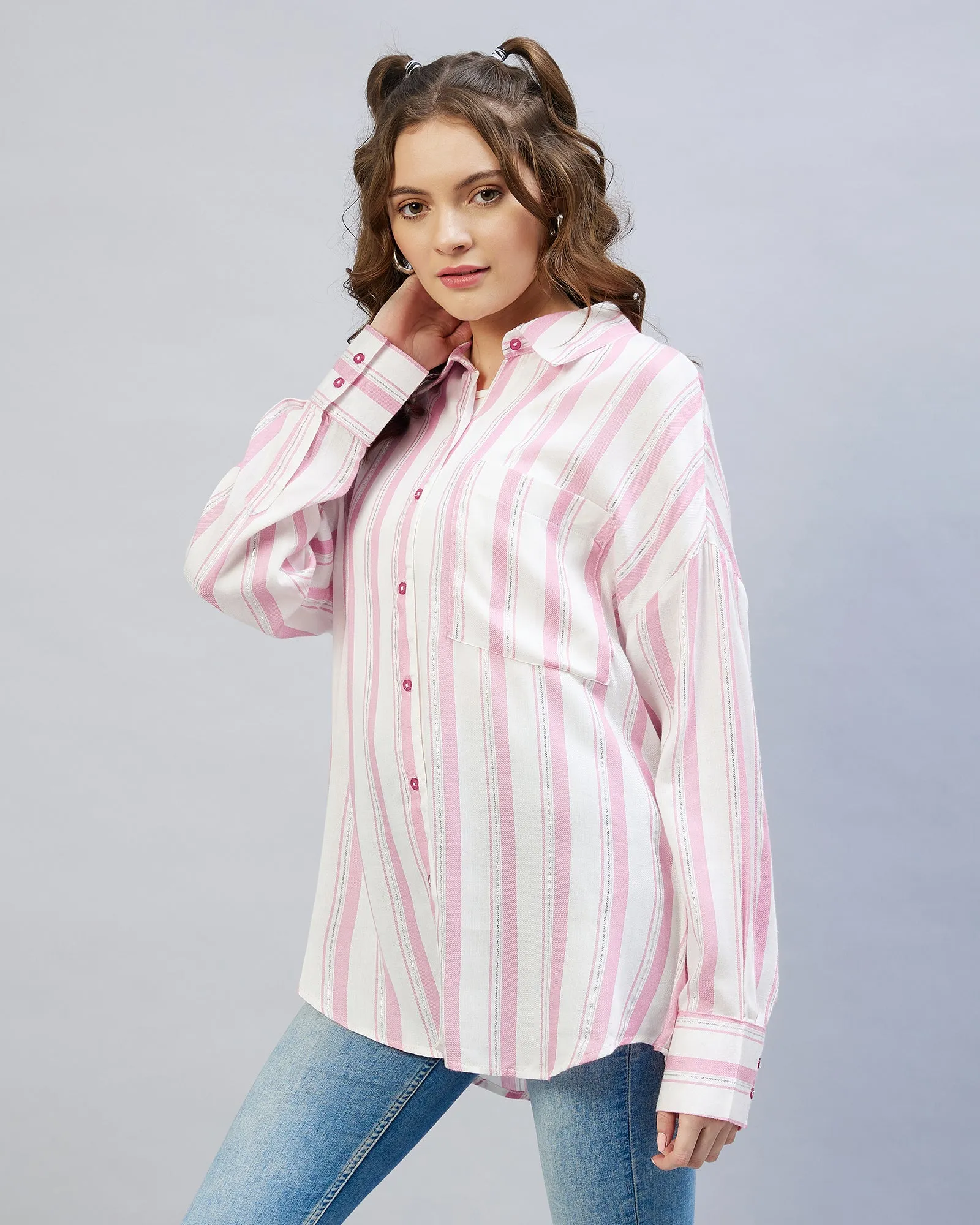Chimpaaanzee Women Viscose Pink & White Striped Oversize Fit Shirt