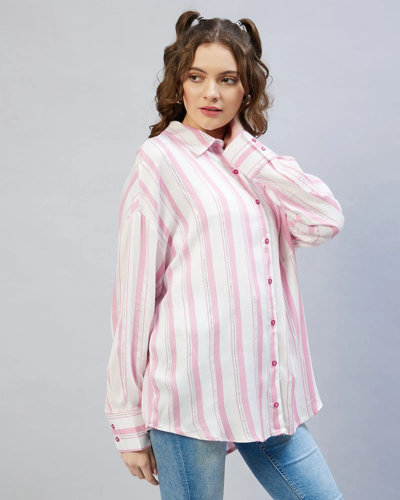 Chimpaaanzee Women Viscose Pink & White Striped Oversize Fit Shirt