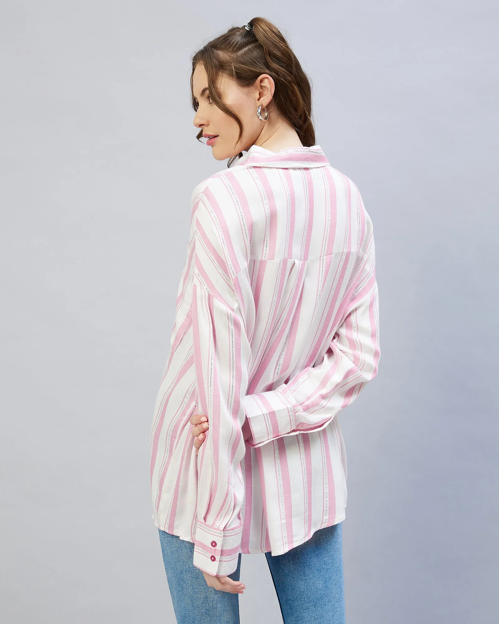 Chimpaaanzee Women Viscose Pink & White Striped Oversize Fit Shirt
