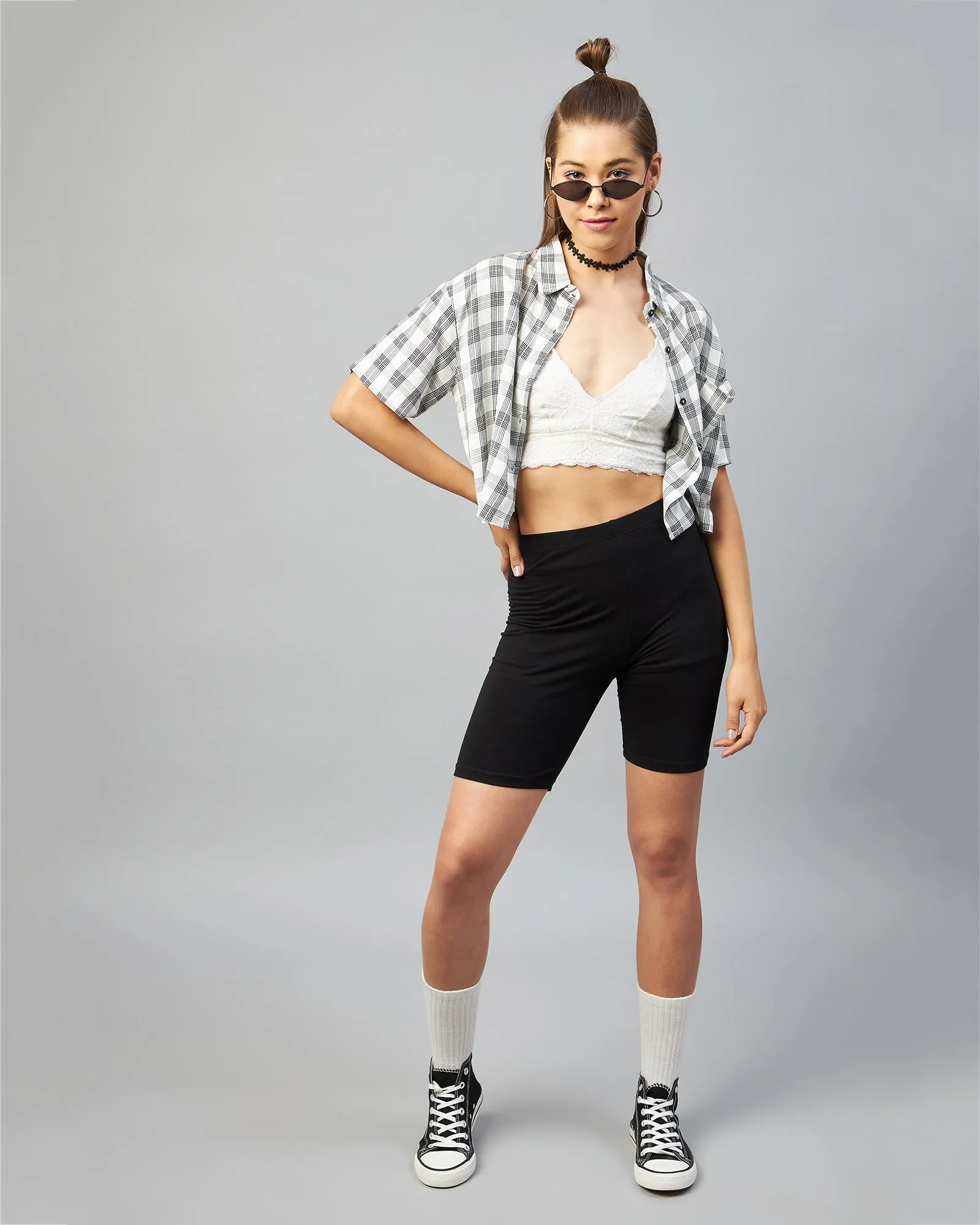 Chimpaaanzee Women Viscose White & Black Checkered Half Sleeve Crop Shirt