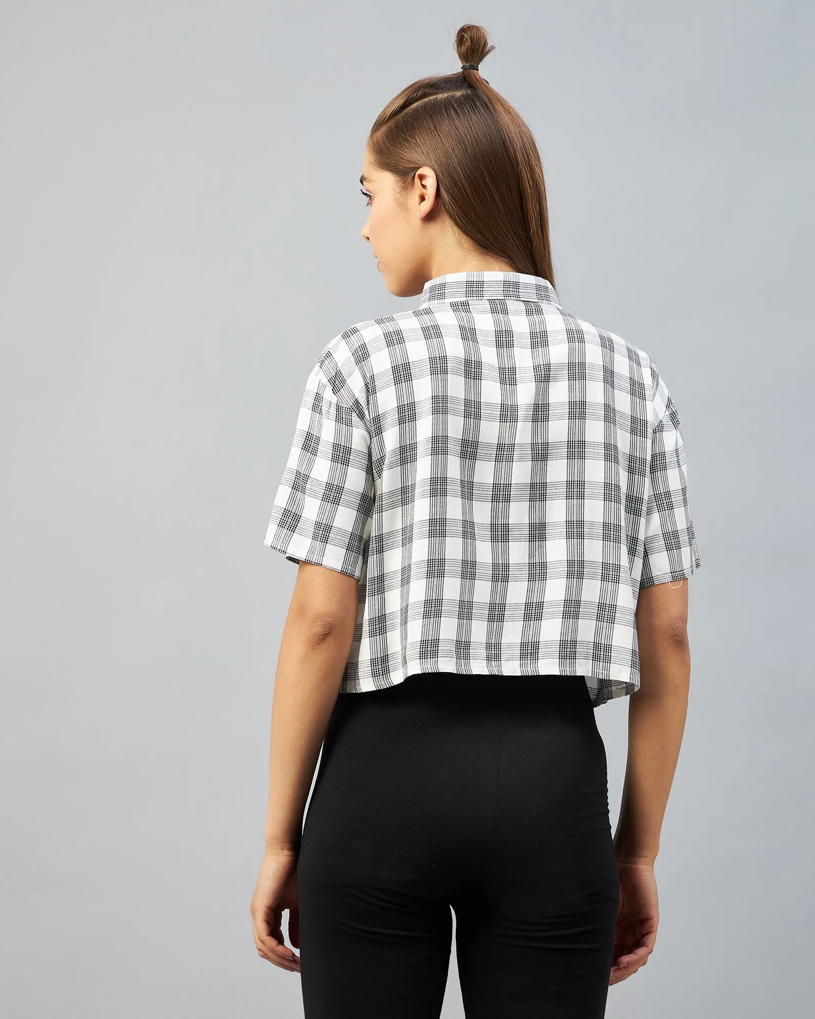 Chimpaaanzee Women Viscose White & Black Checkered Half Sleeve Crop Shirt