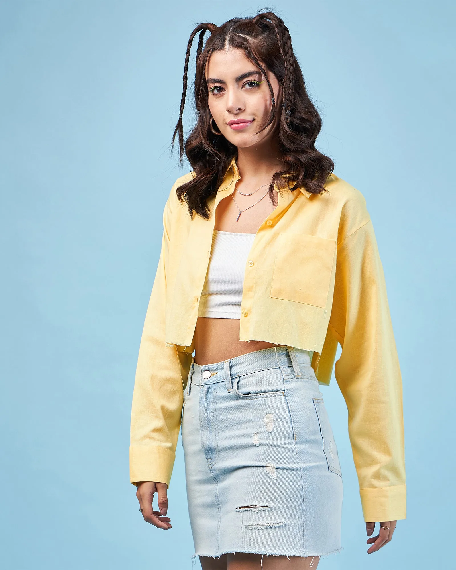 Chimpaaanzee Women Yellow Crop Oversized Shirt