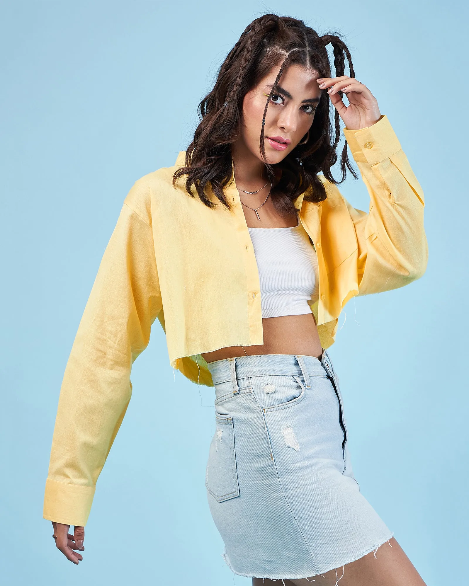 Chimpaaanzee Women Yellow Crop Oversized Shirt