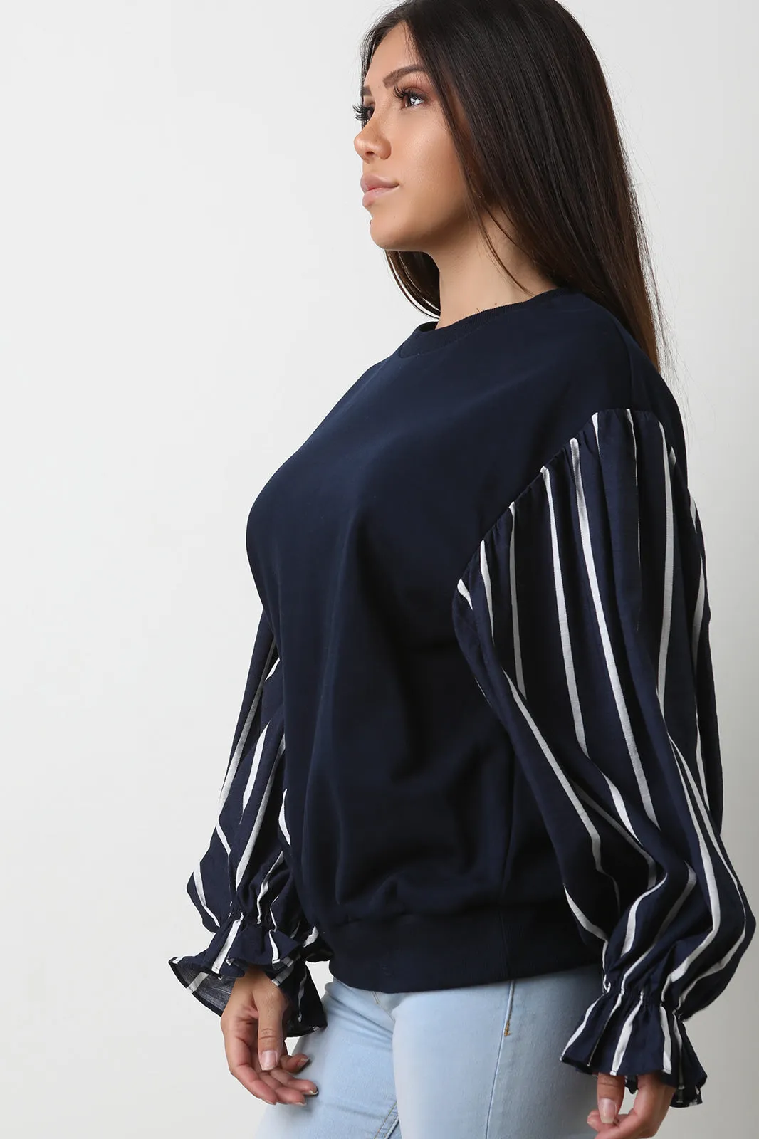 Contrast Striped Puff Sleeves Sweatshirt