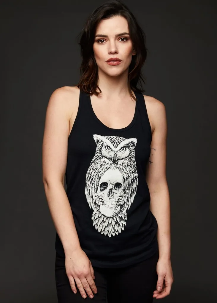 Free Spirit Skull Owl Black Loose Fit Tank Top