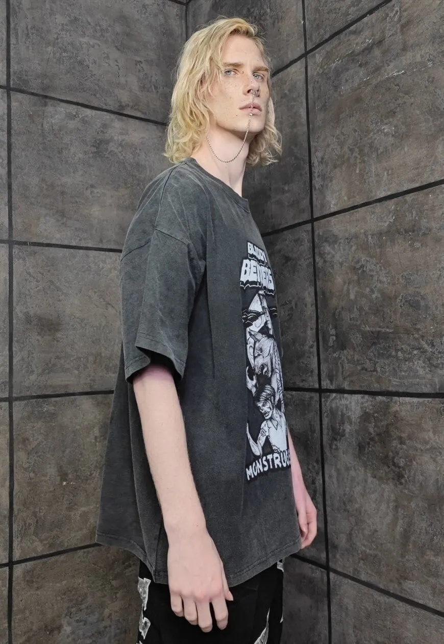 Horror movie t-shirt vintage wash Gothic creepy tee black