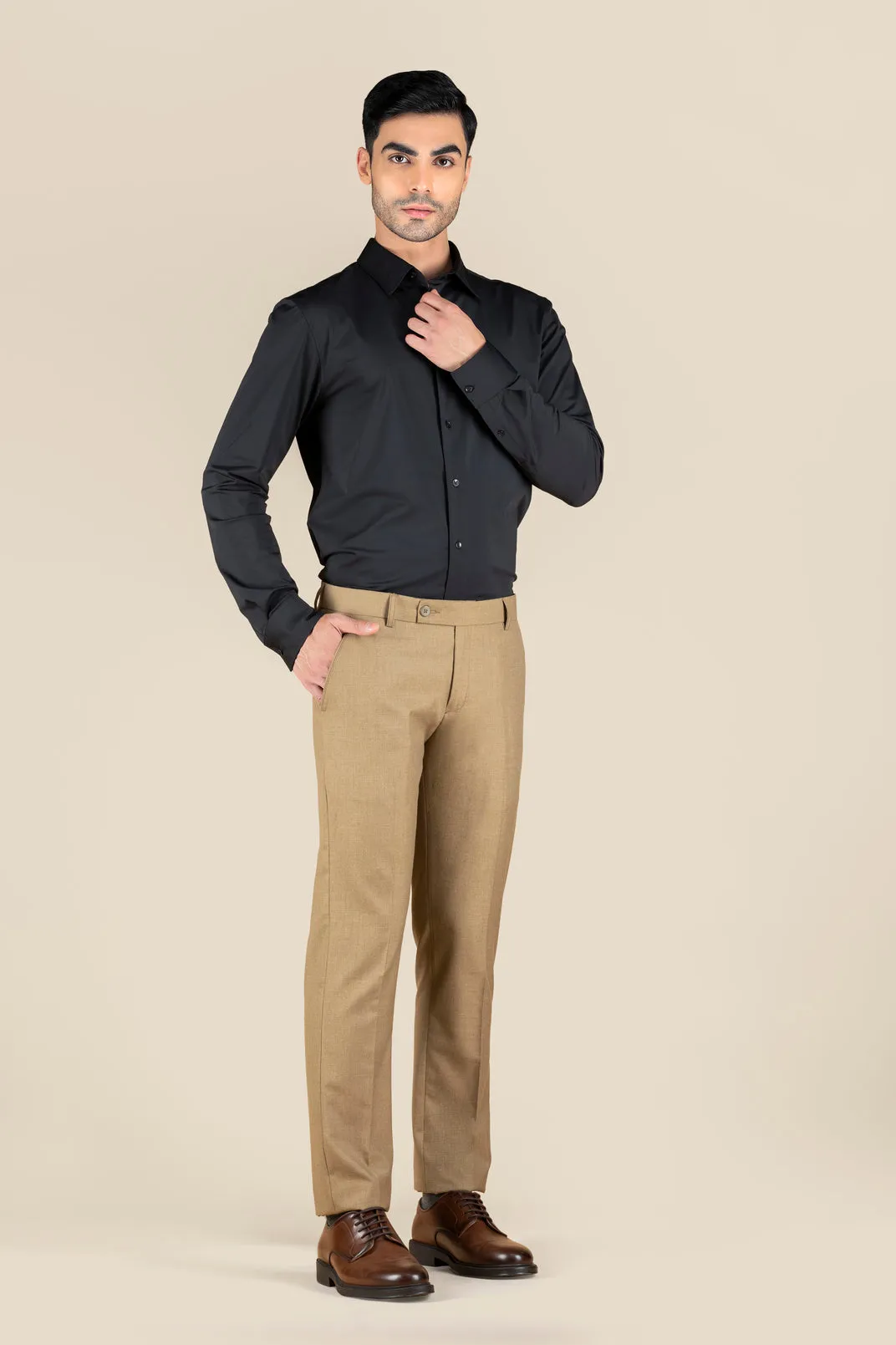 Men's Beige Slim Fit Non Stretch Formal Trouser With Flat Front