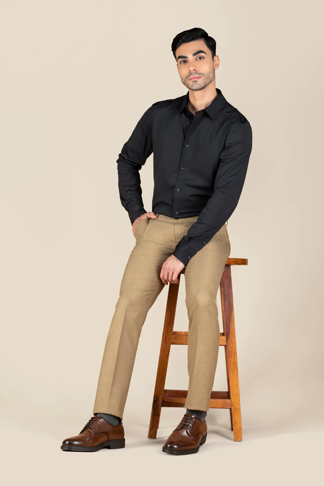 Men's Beige Slim Fit Non Stretch Formal Trouser With Flat Front