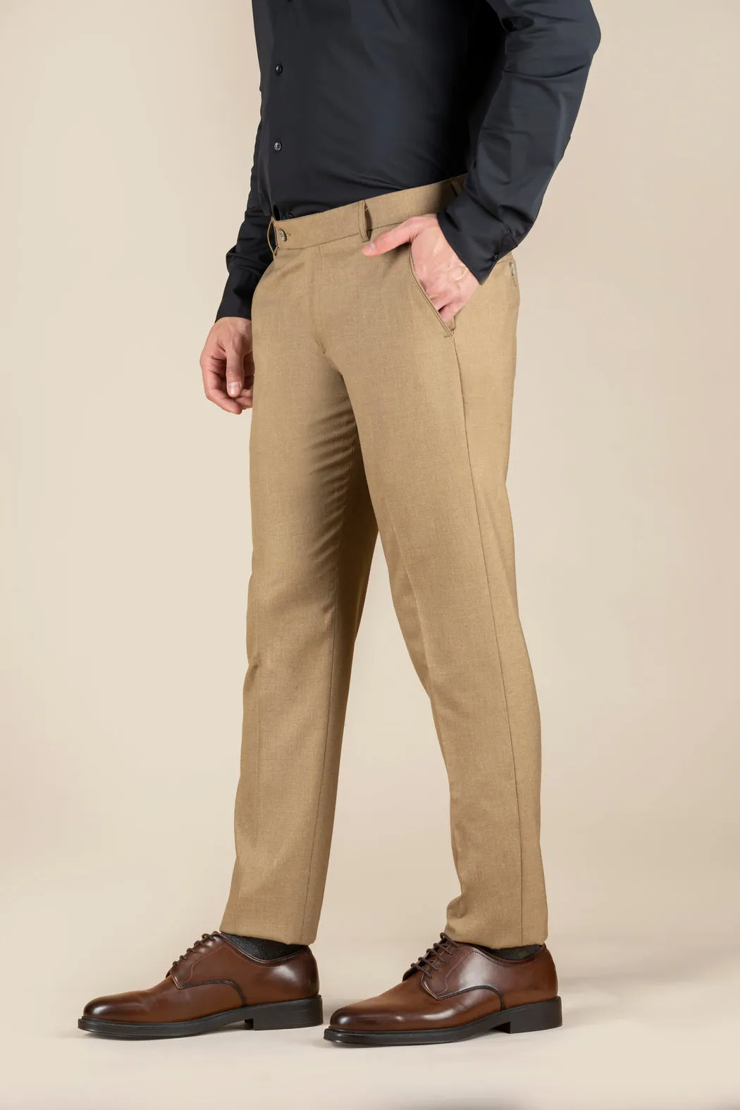 Men's Beige Slim Fit Non Stretch Formal Trouser With Flat Front