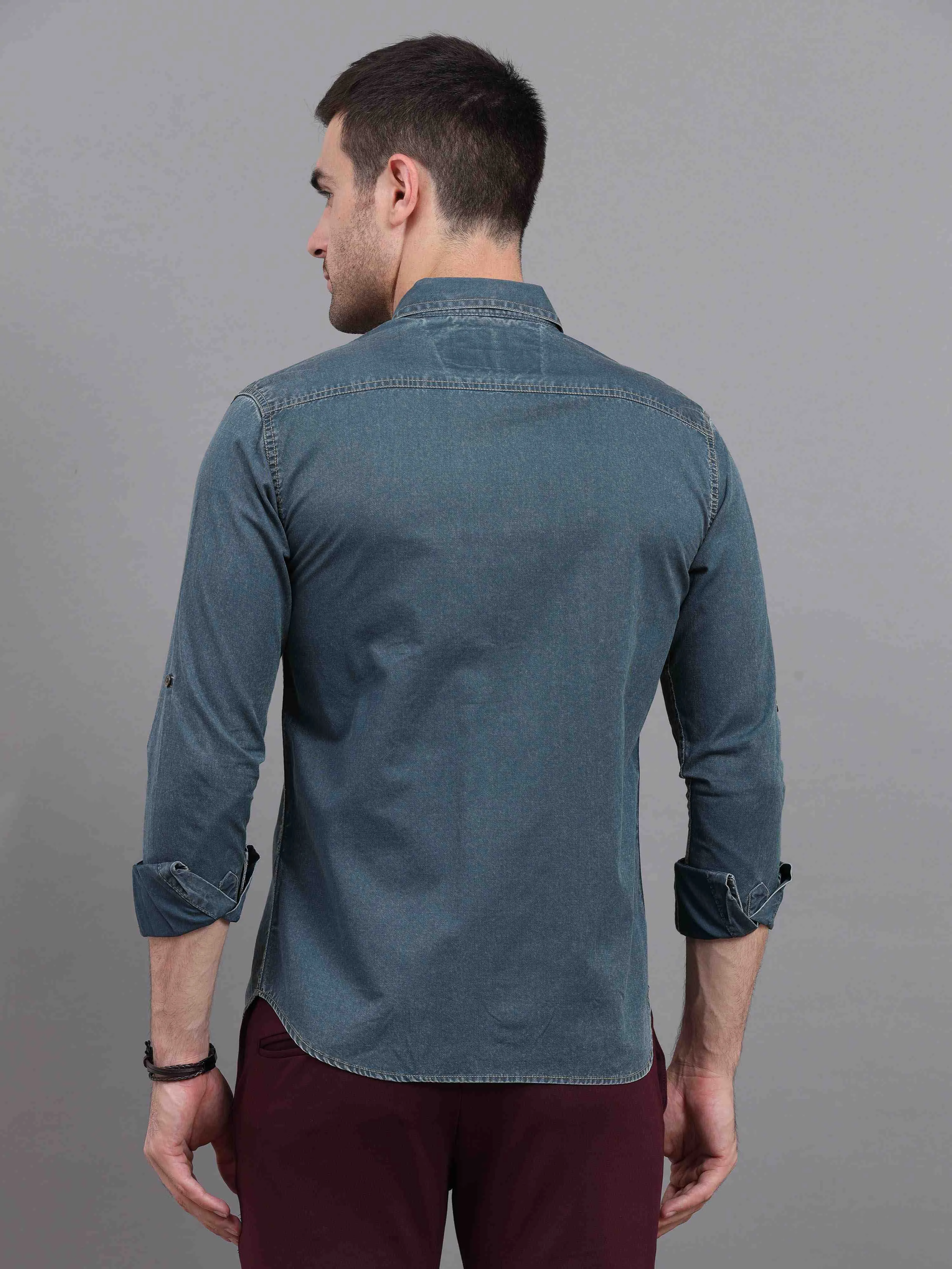 Men's Green Slim Fit Full Sleeves Denim Casual Shirts