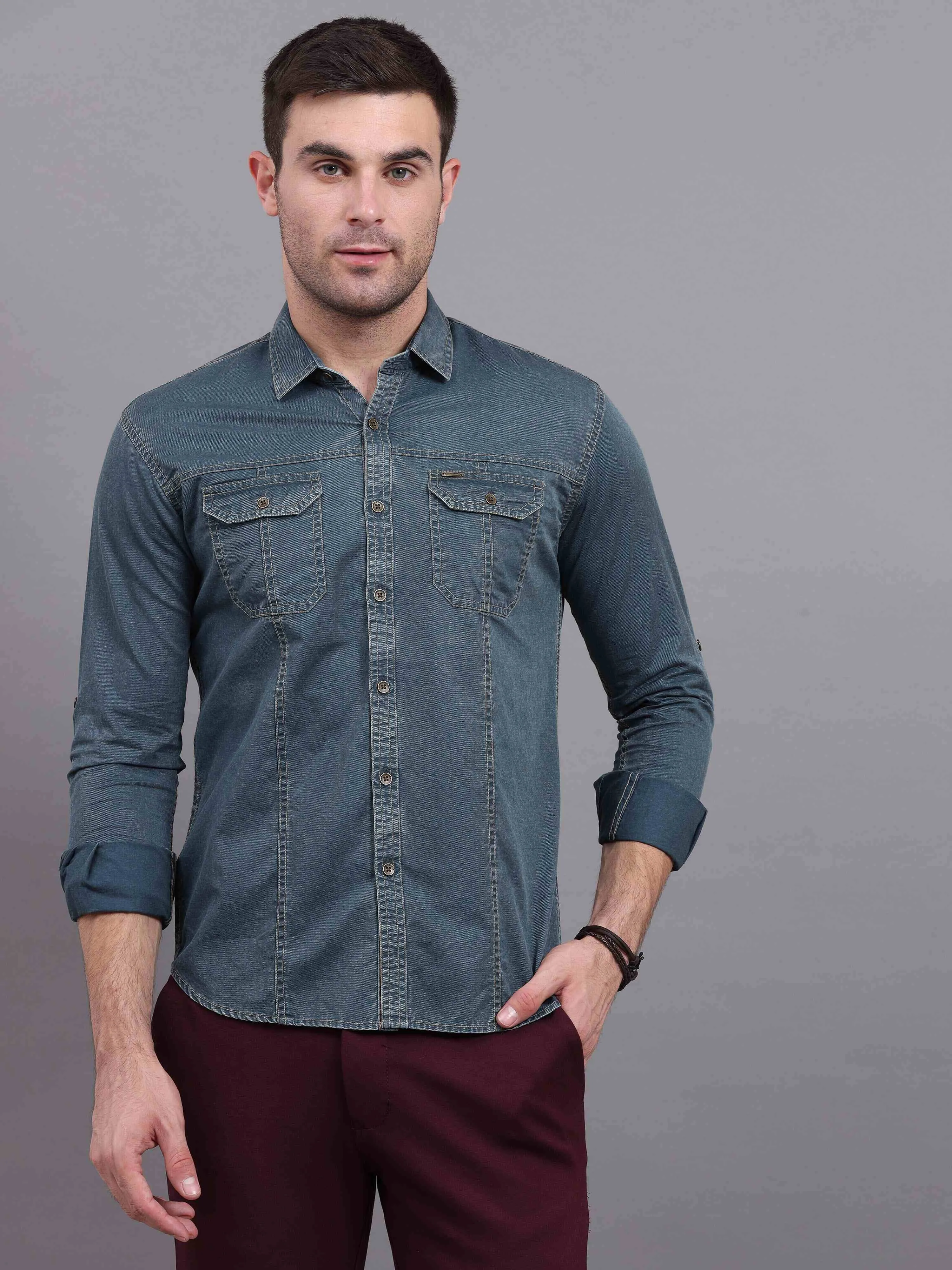 Men's Green Slim Fit Full Sleeves Denim Casual Shirts