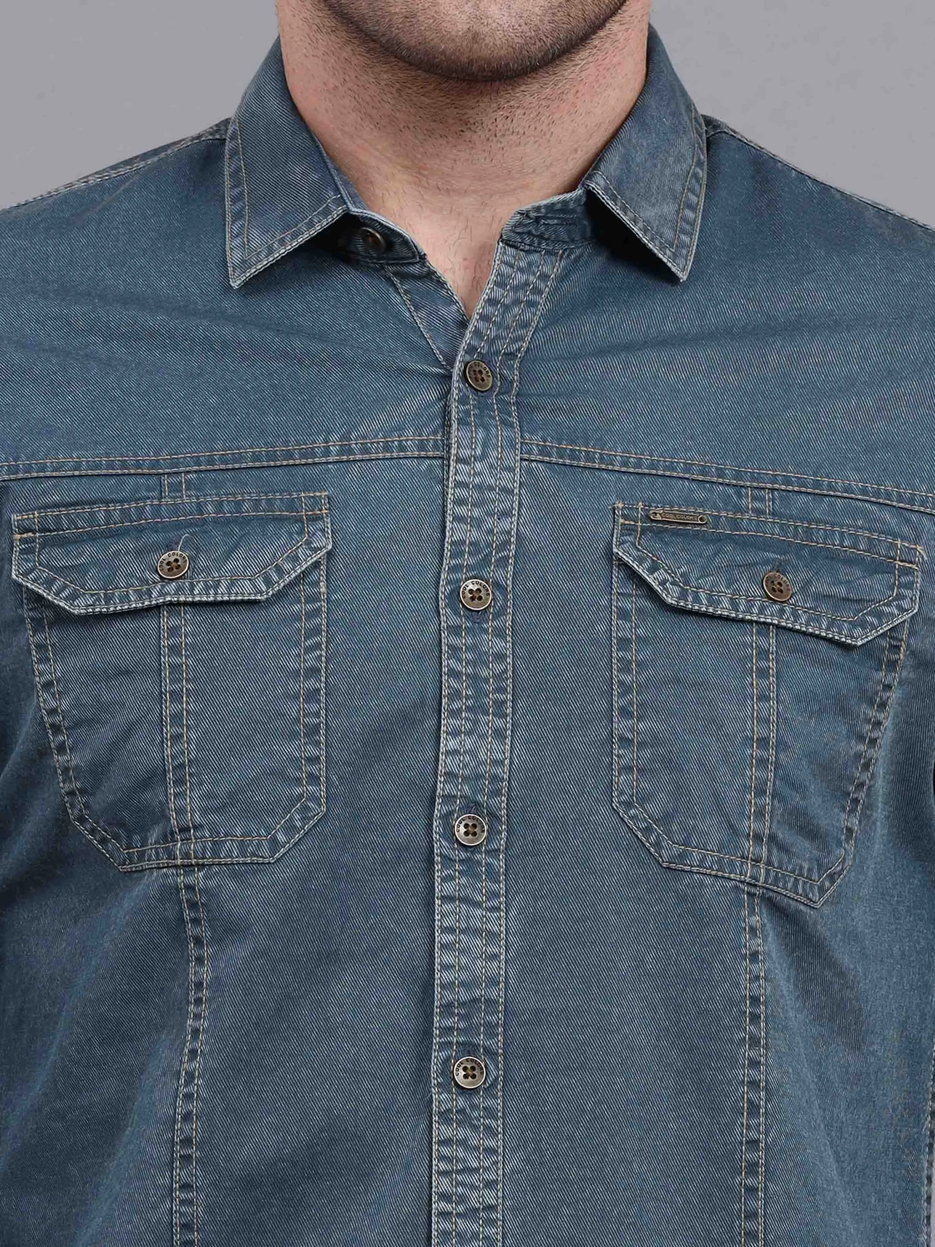 Men's Green Slim Fit Full Sleeves Denim Casual Shirts