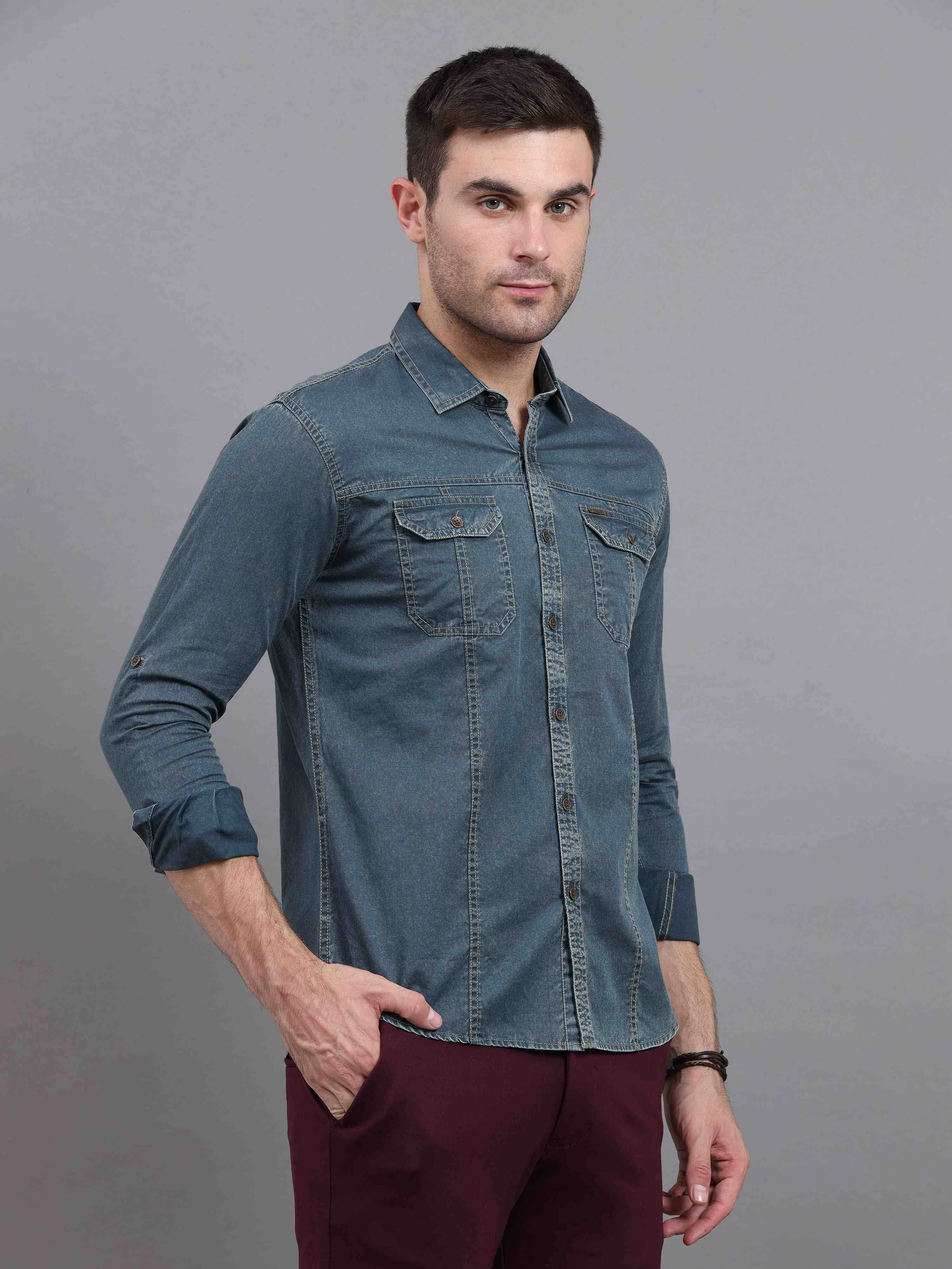 Men's Green Slim Fit Full Sleeves Denim Casual Shirts