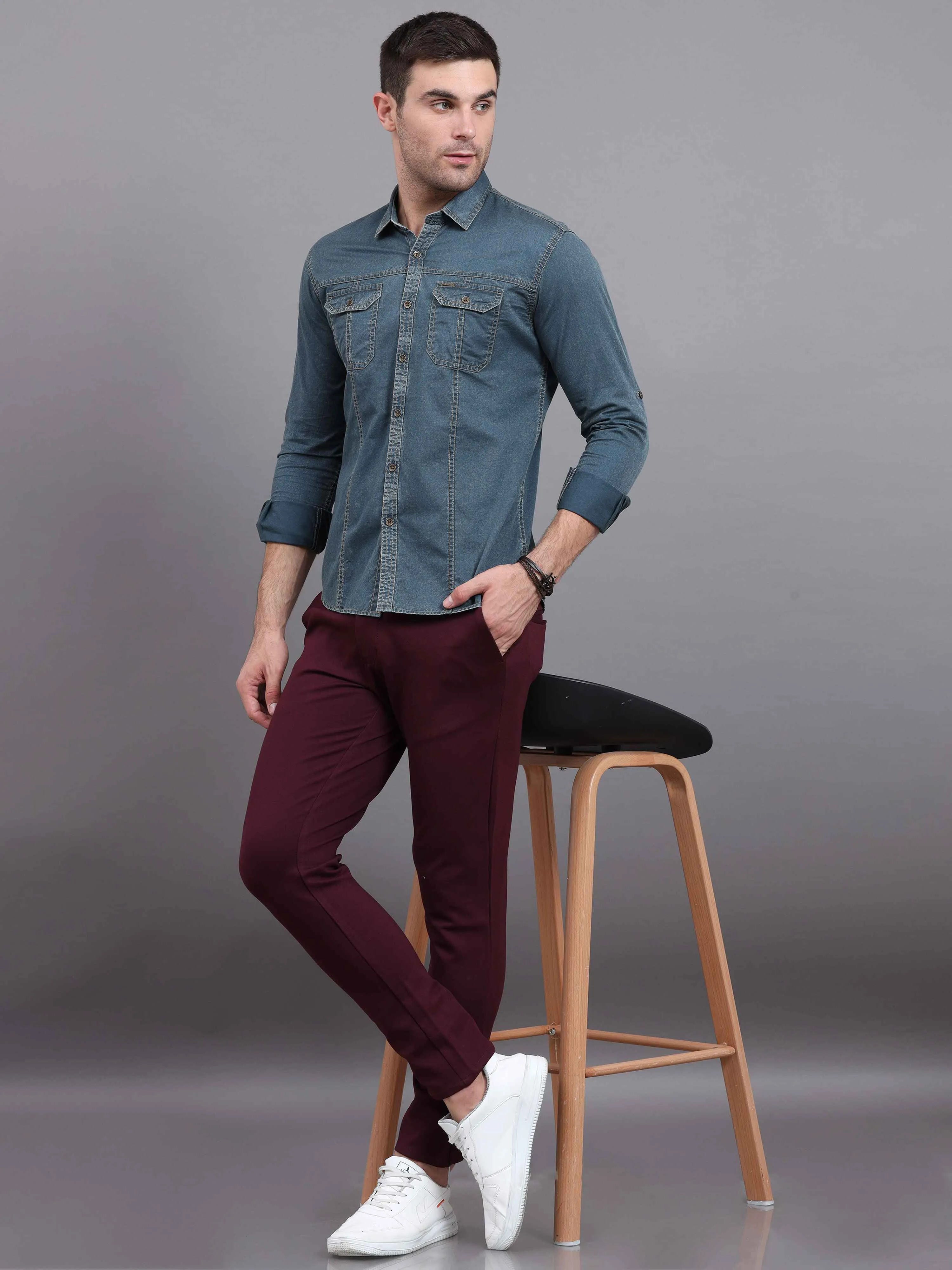 Men's Green Slim Fit Full Sleeves Denim Casual Shirts