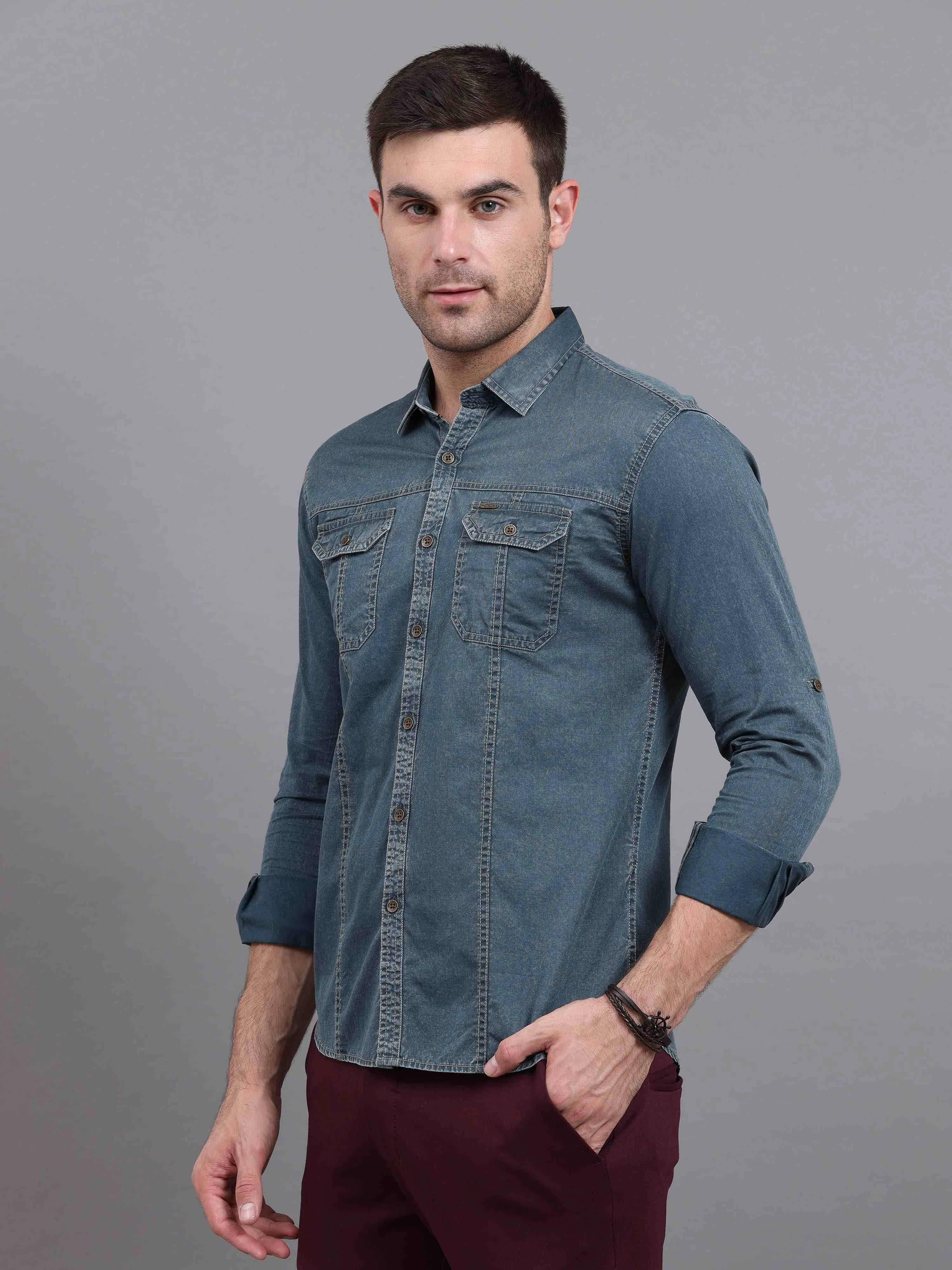 Men's Green Slim Fit Full Sleeves Denim Casual Shirts