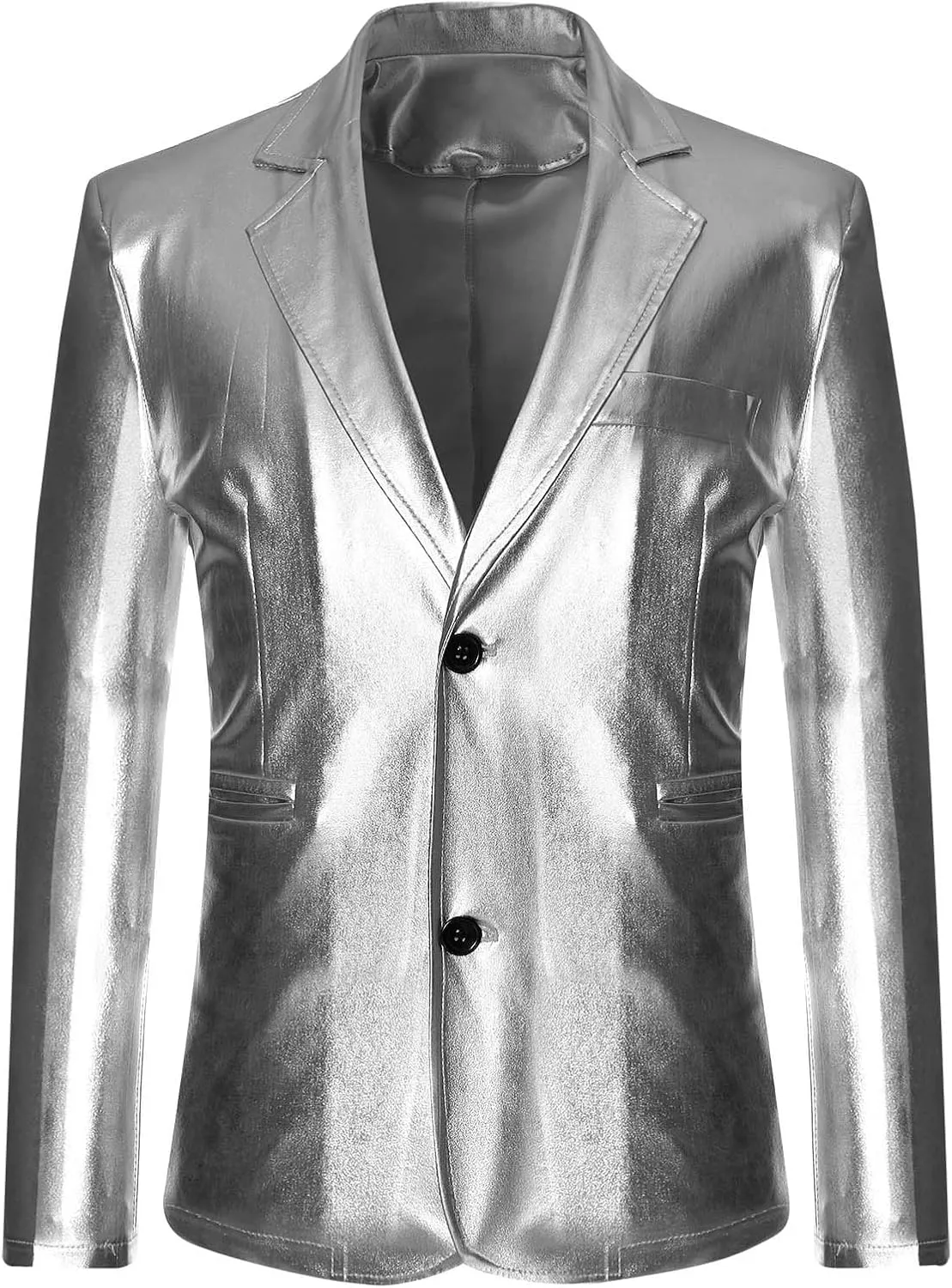 Mens Slim Fit Blazer Jacket PU Leather Formal Dress Suit Two-Button Notched Lapel Casual Suit Jacket Party Clubwear