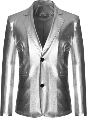 Mens Slim Fit Blazer Jacket PU Leather Formal Dress Suit Two-Button Notched Lapel Casual Suit Jacket Party Clubwear