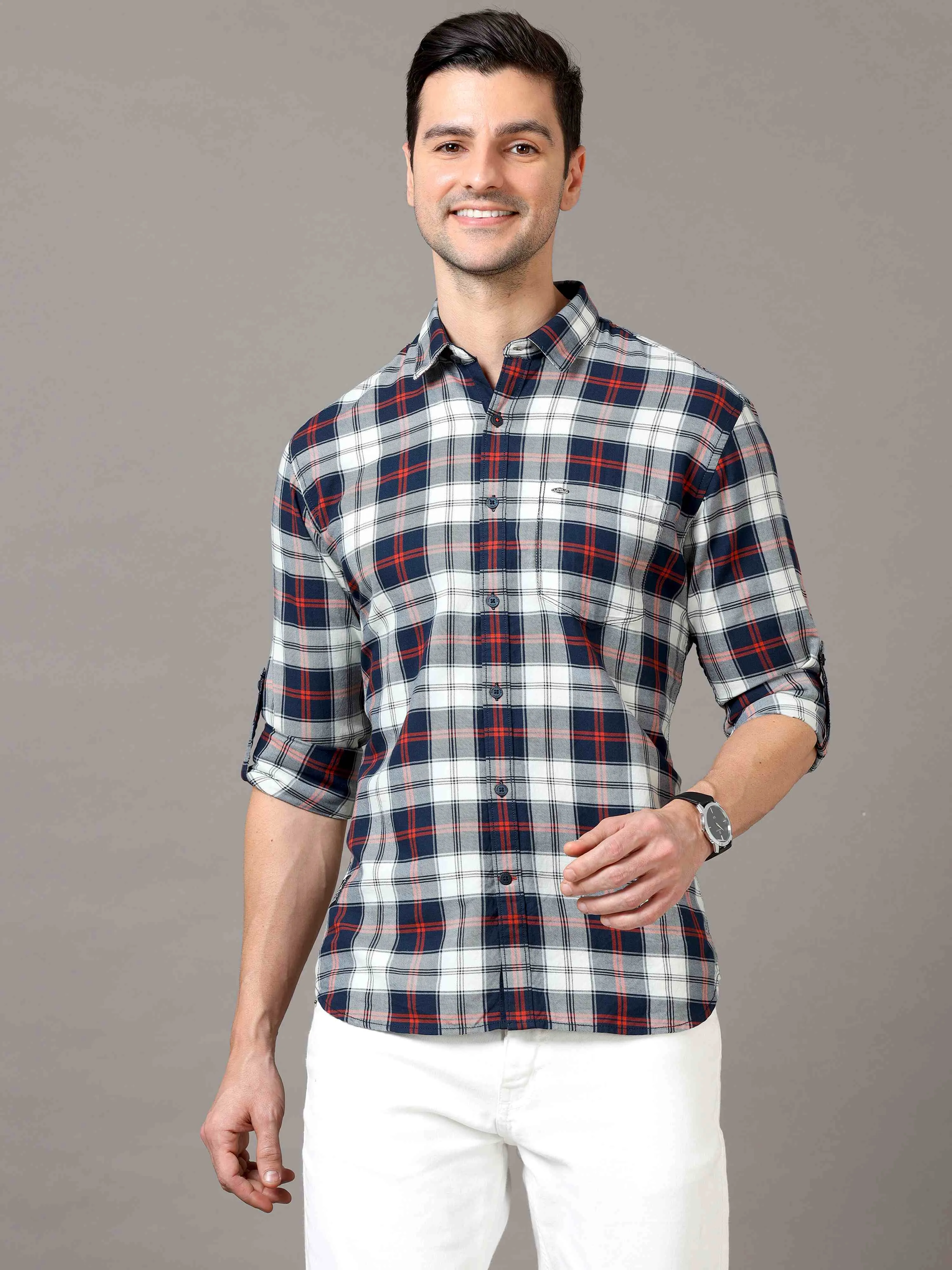 Men's White Red Slim Fit Checks Full Sleeves Casual Shirts
