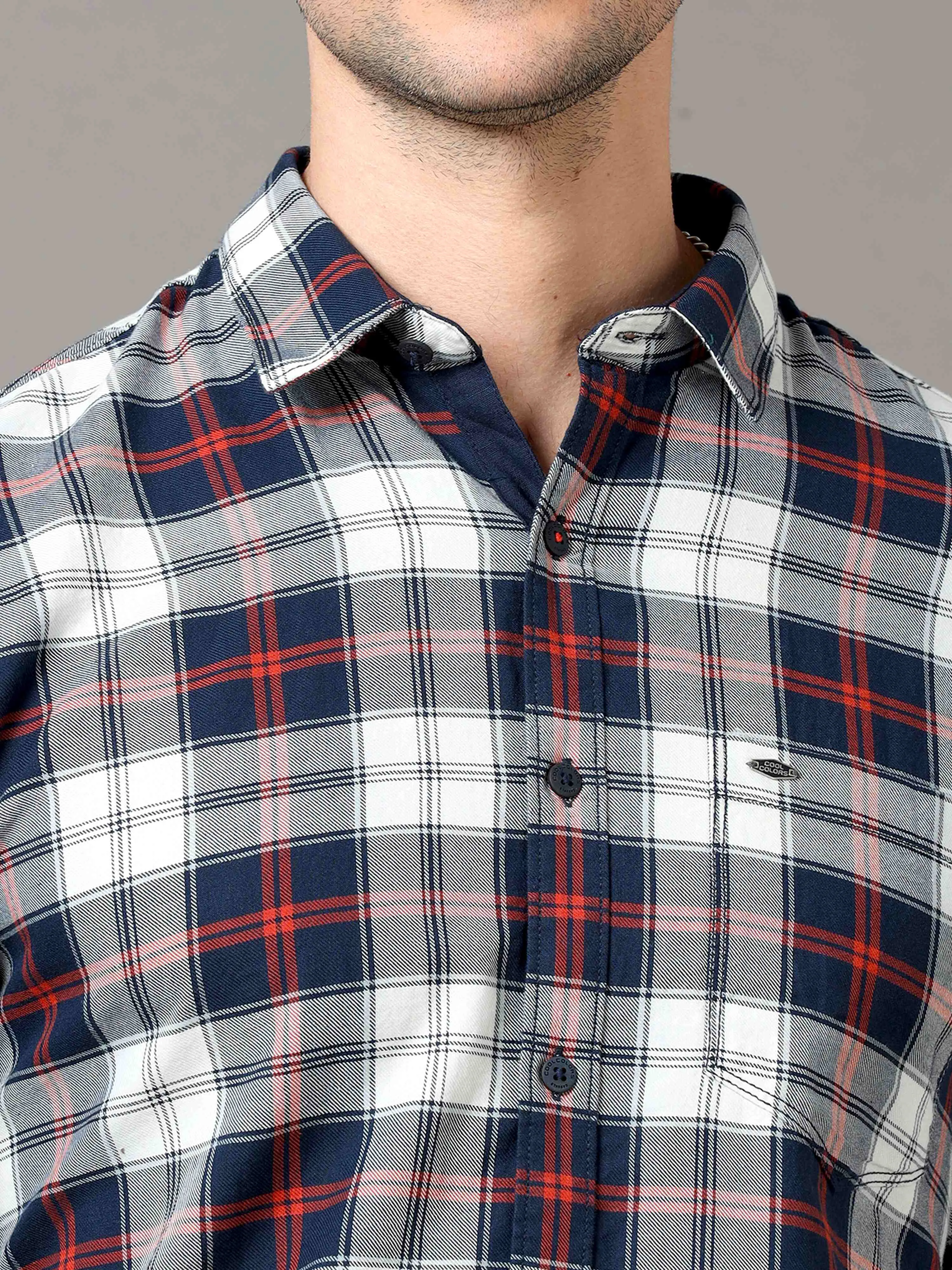 Men's White Red Slim Fit Checks Full Sleeves Casual Shirts