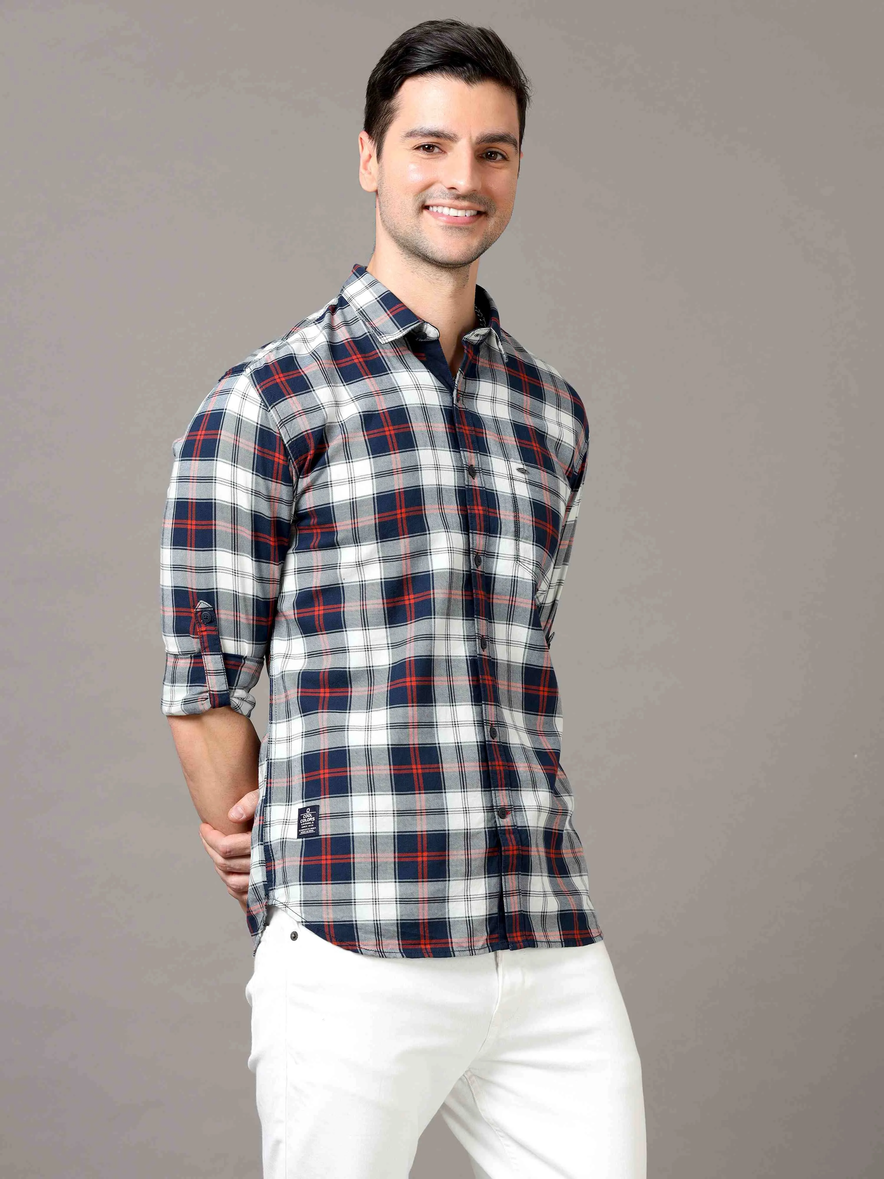 Men's White Red Slim Fit Checks Full Sleeves Casual Shirts