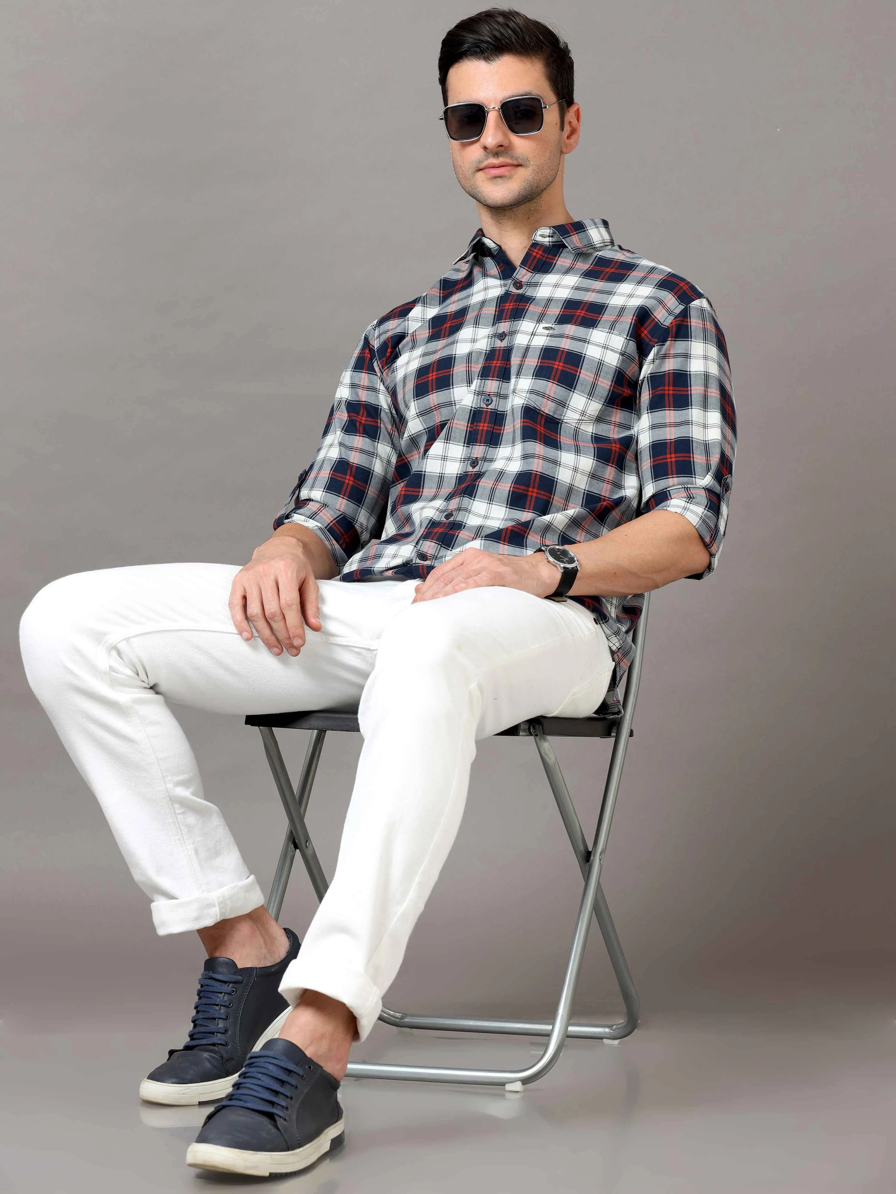 Men's White Red Slim Fit Checks Full Sleeves Casual Shirts