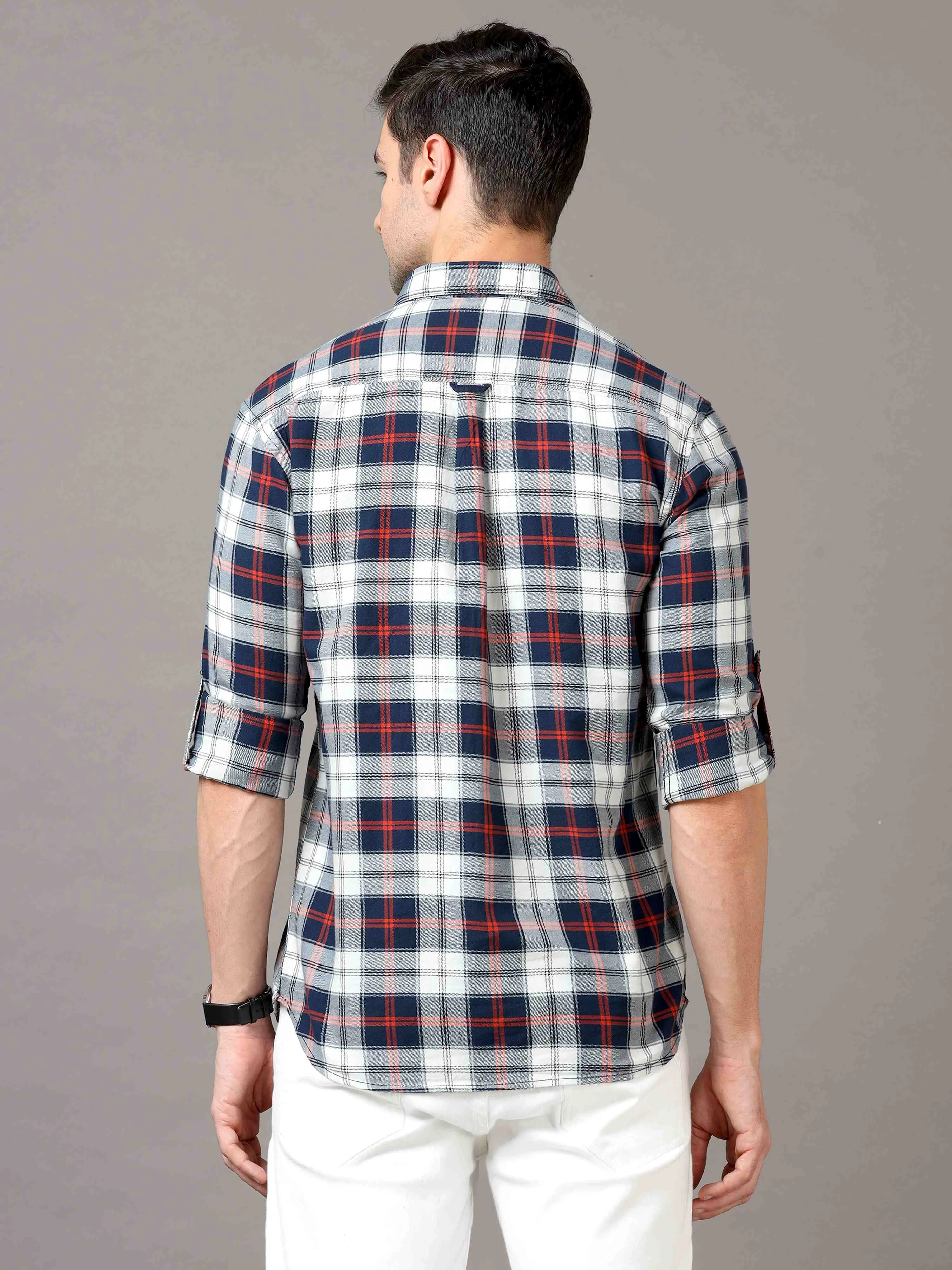 Men's White Red Slim Fit Checks Full Sleeves Casual Shirts