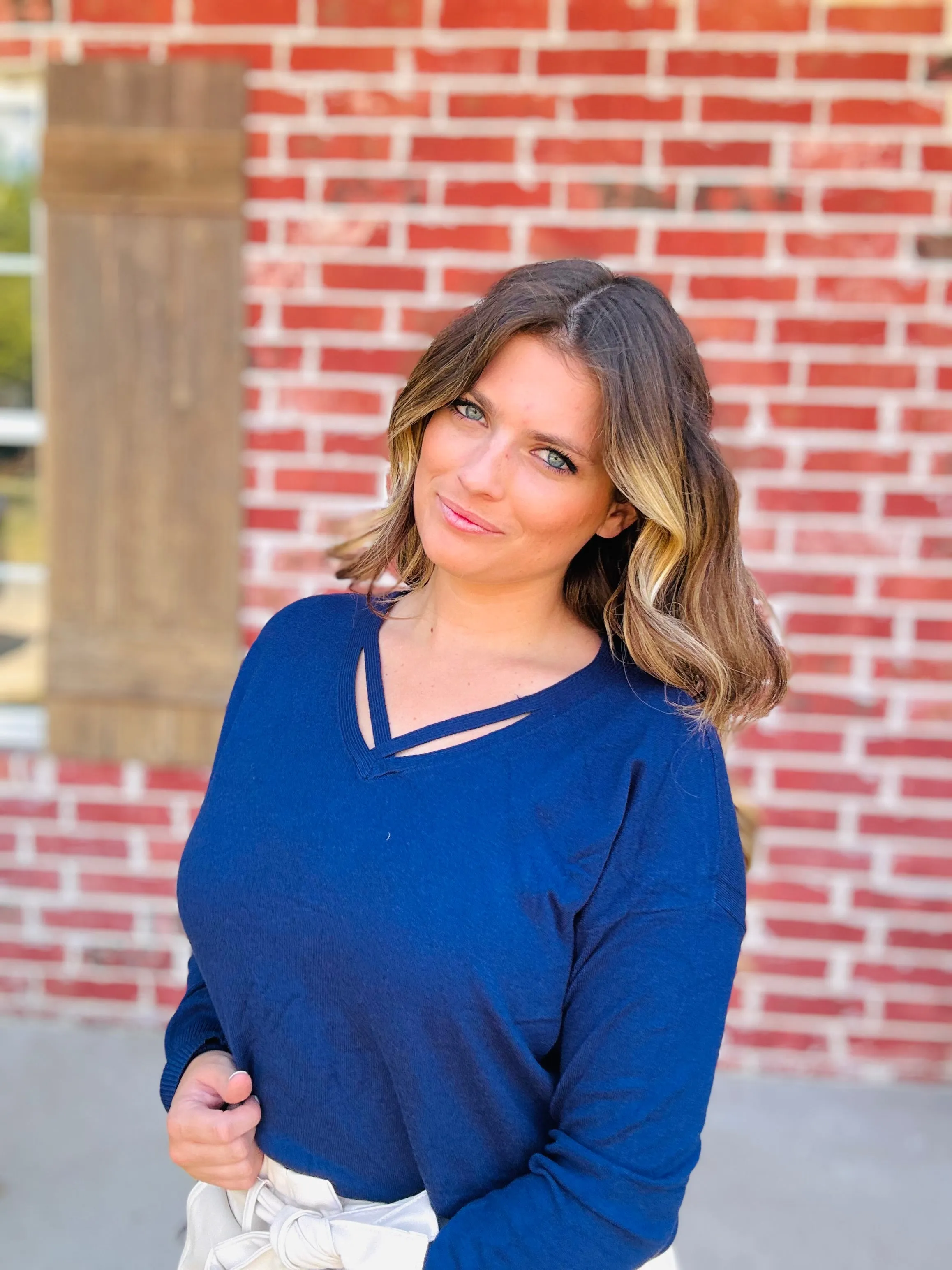 Never Leaving Here Criss Cross Sweater - Navy