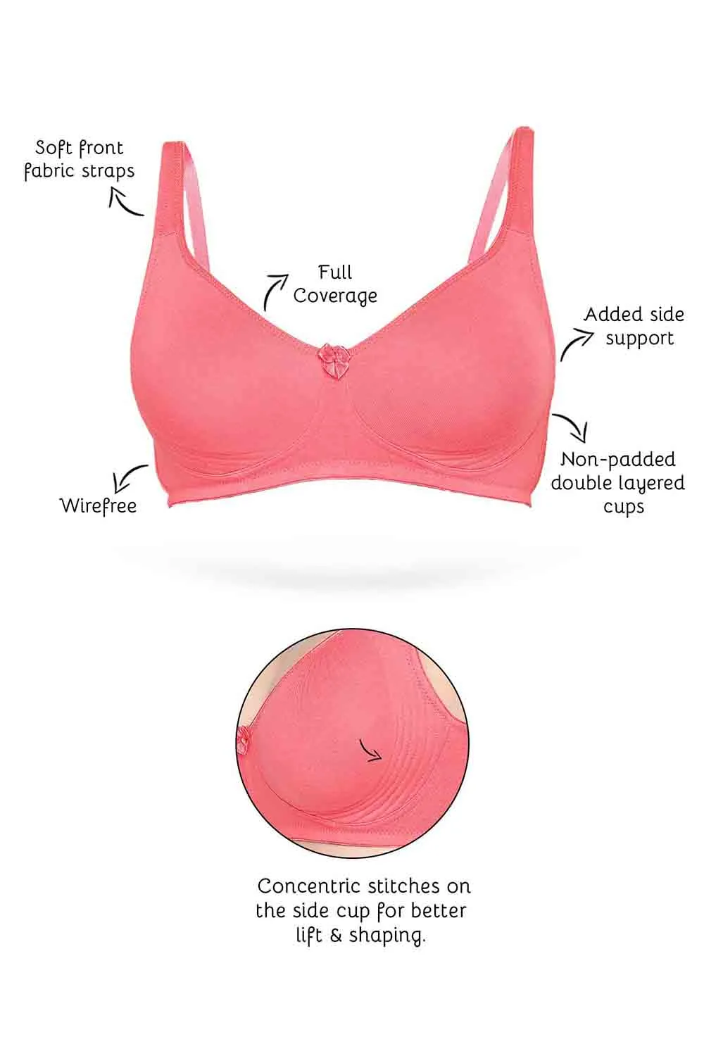 Organic Cotton  Antimicrobial  Seamless Side Support Bra (Pack of 3)-ISB057-B.Pink_B.Pink_Black-