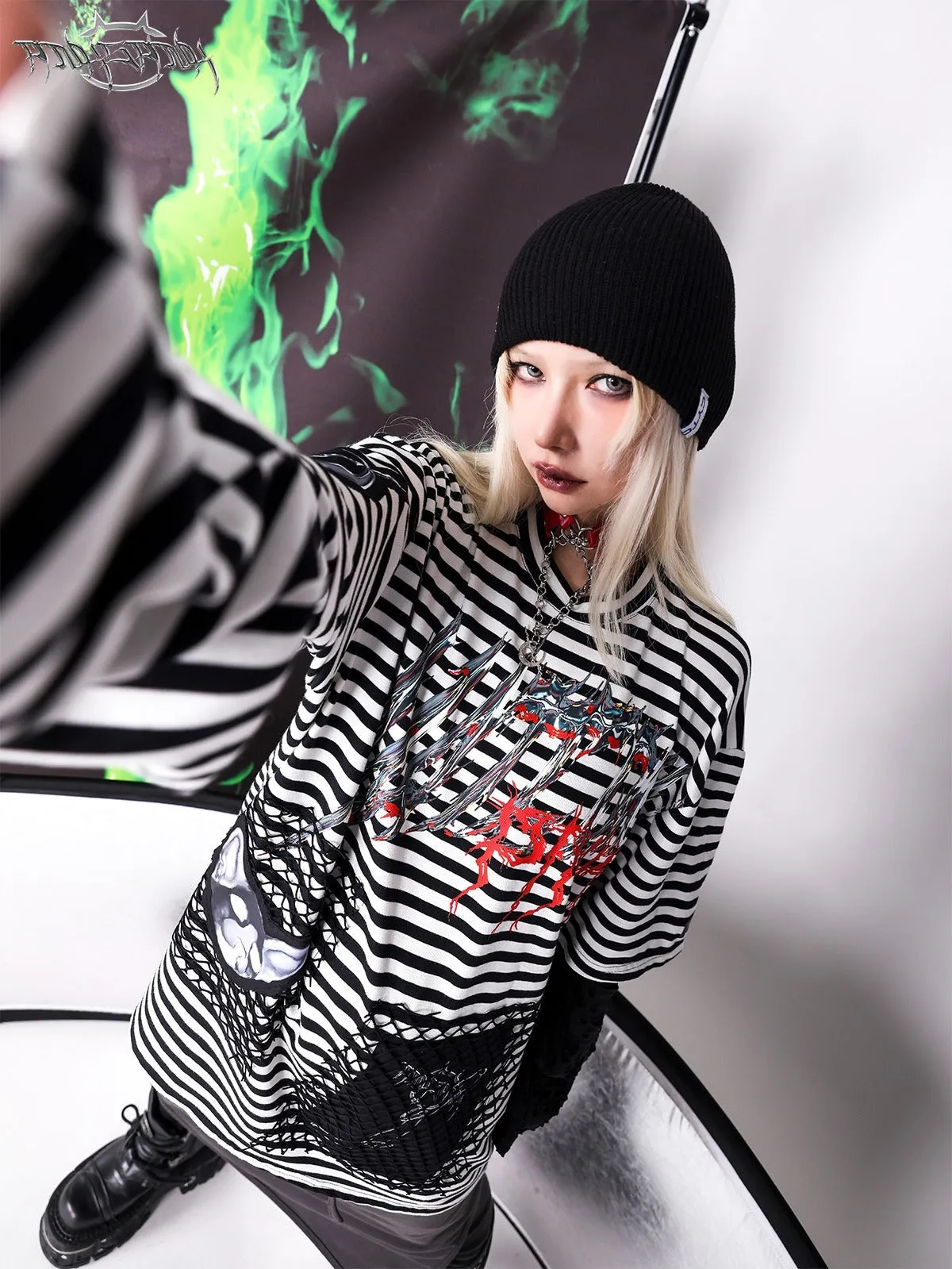 PINKSPINK Punk Cat Striped Layered Top - Red and Black