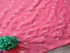 Rust Red Golden Floral Motifs Embroidered Taffeta Silk Fabric