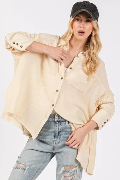 SAGE   FIG Frayed Hem Side Slit Button Down Shirt