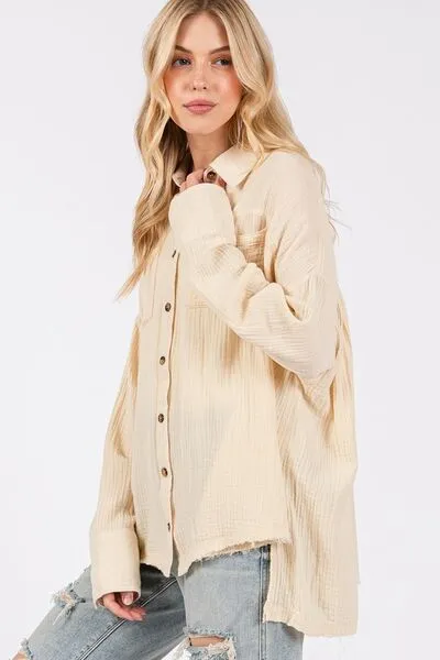 SAGE   FIG Frayed Hem Side Slit Button Down Shirt