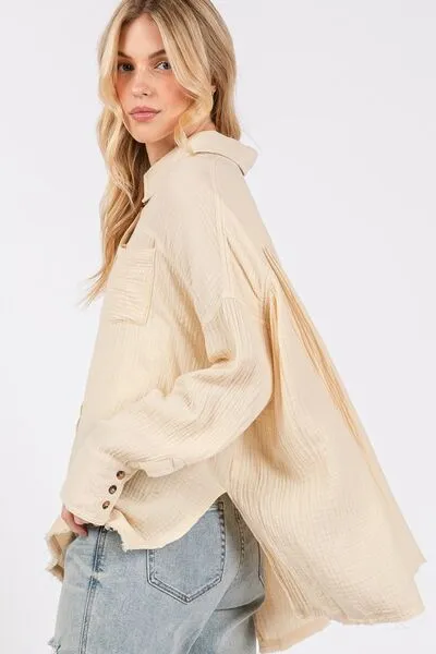 SAGE   FIG Frayed Hem Side Slit Button Down Shirt