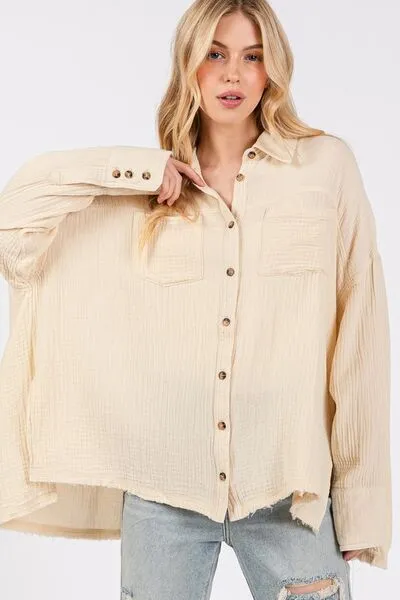 SAGE   FIG Frayed Hem Side Slit Button Down Shirt