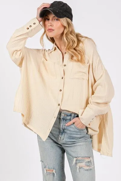 SAGE   FIG Frayed Hem Side Slit Button Down Shirt