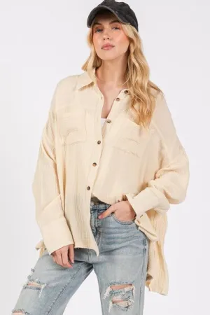 SAGE   FIG Frayed Hem Side Slit Button Down Shirt