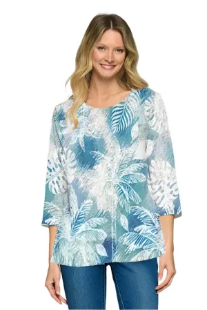 Shirt 3/4 Sleeve White/Blue Palm Leaves Honey c3140 968