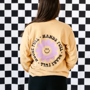 THE RETRO EDIT - Mom Life Smiley Flower Pocket on Front w/ House Full Hands Full Heart Full on Back - LONG SLEEVE COMFORT COLORS TEE