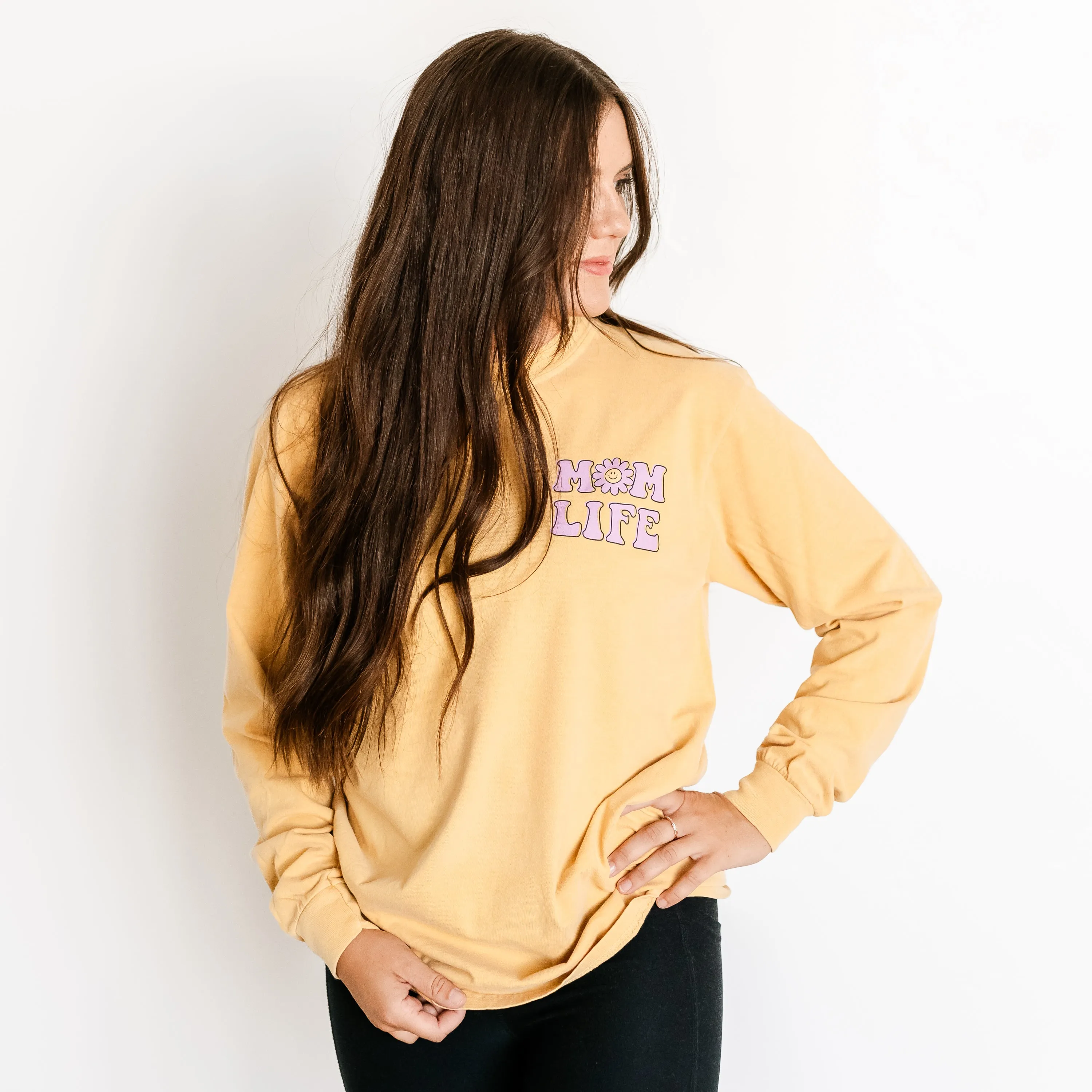 THE RETRO EDIT - Mom Life Smiley Flower Pocket on Front w/ House Full Hands Full Heart Full on Back - LONG SLEEVE COMFORT COLORS TEE