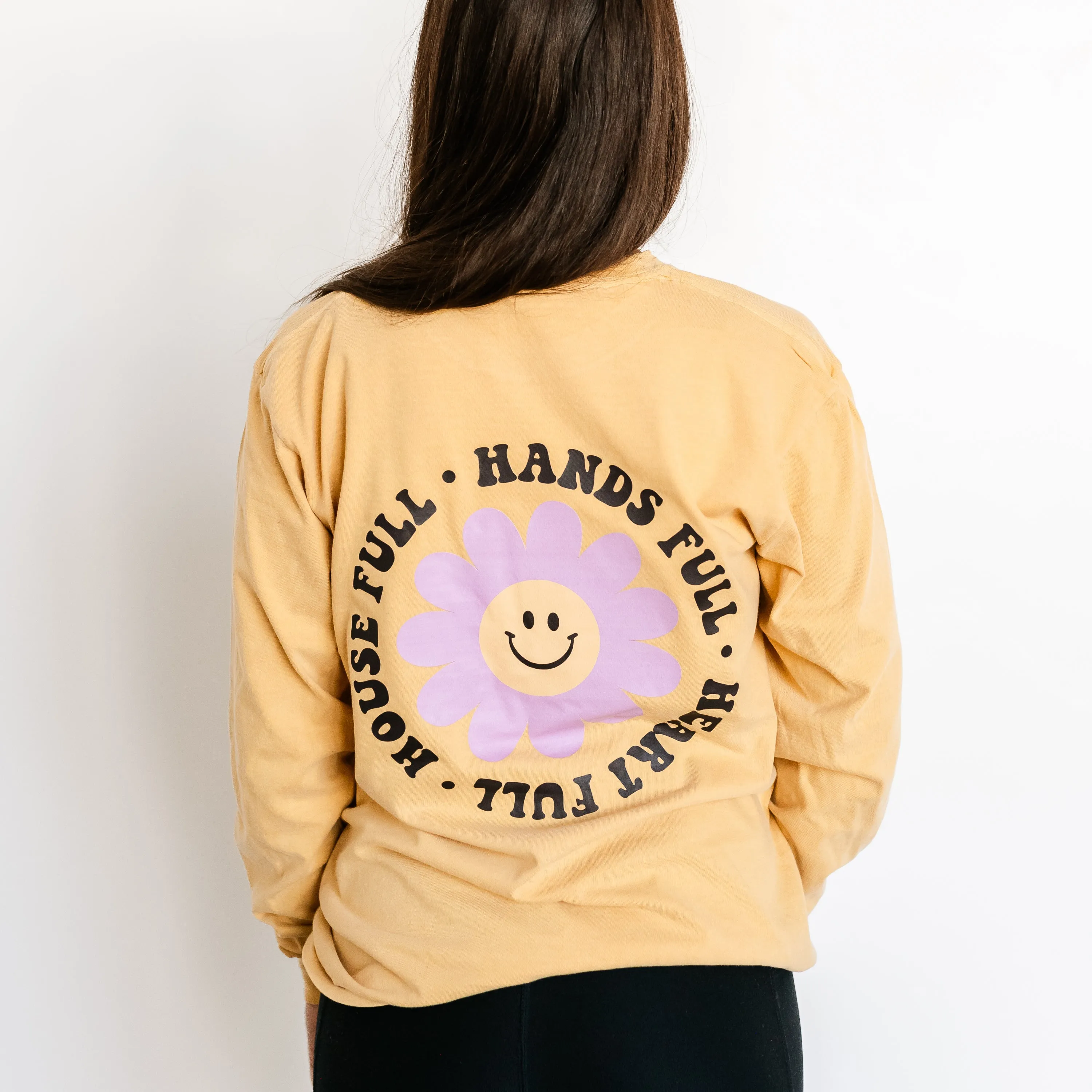 THE RETRO EDIT - Mom Life Smiley Flower Pocket on Front w/ House Full Hands Full Heart Full on Back - LONG SLEEVE COMFORT COLORS TEE