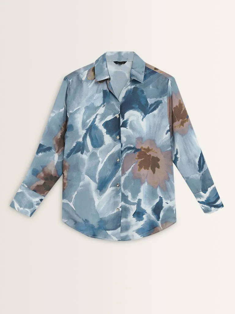 Wardrobe Dusty Blue Foliage Printed Shirt