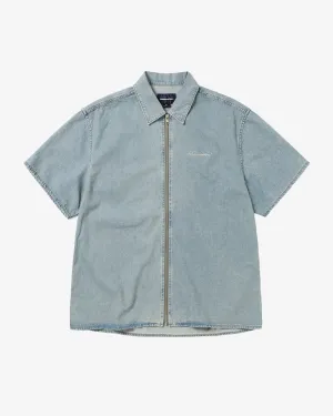 Washed Denim Zip S/S Shirt Washed Blue